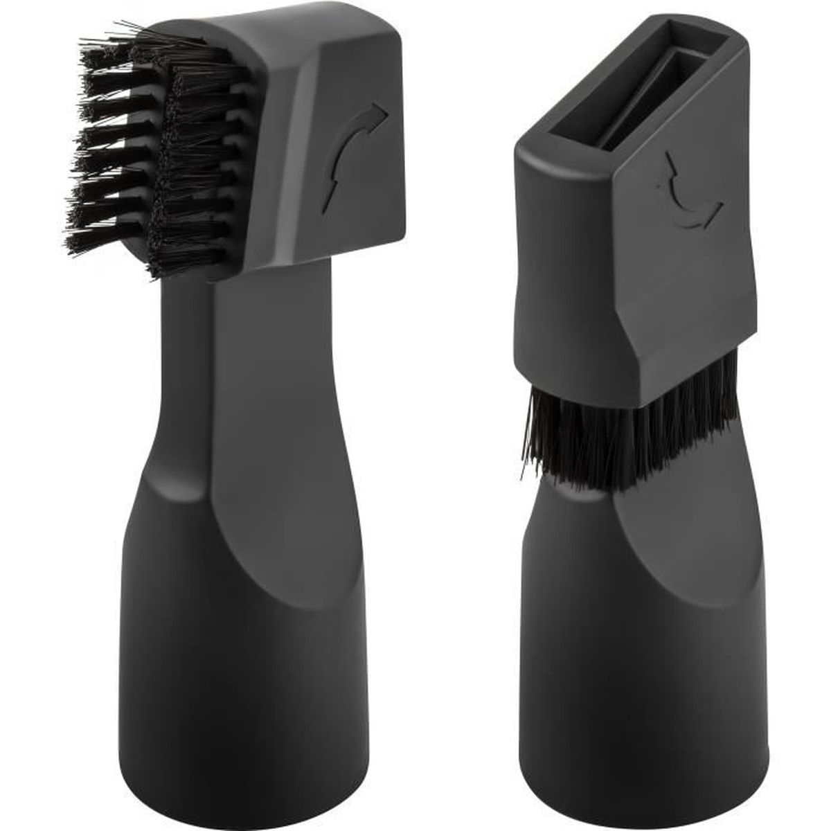 Due accessori neri per aspirapolvere con spazzole. Uno ha un ugello dritto e l'altro angolato.