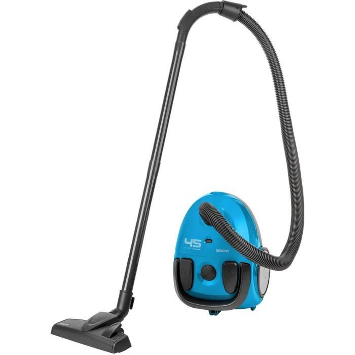 Un aspirapolvere blu con un tubo nero e una testina, su sfondo bianco.