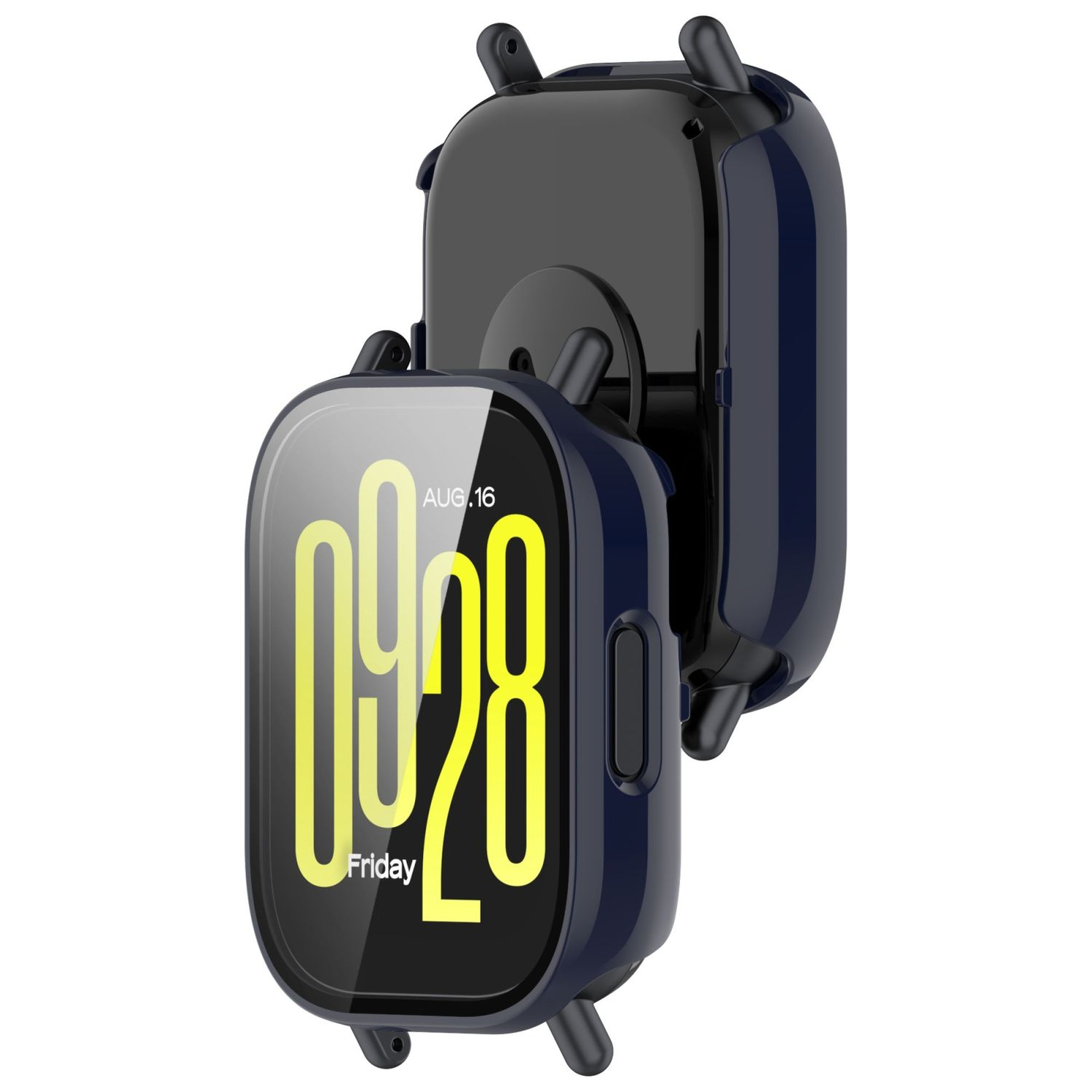Smartwatch in una custodia blu, che mostra il display con l'ora e la data. La custodia è separata.