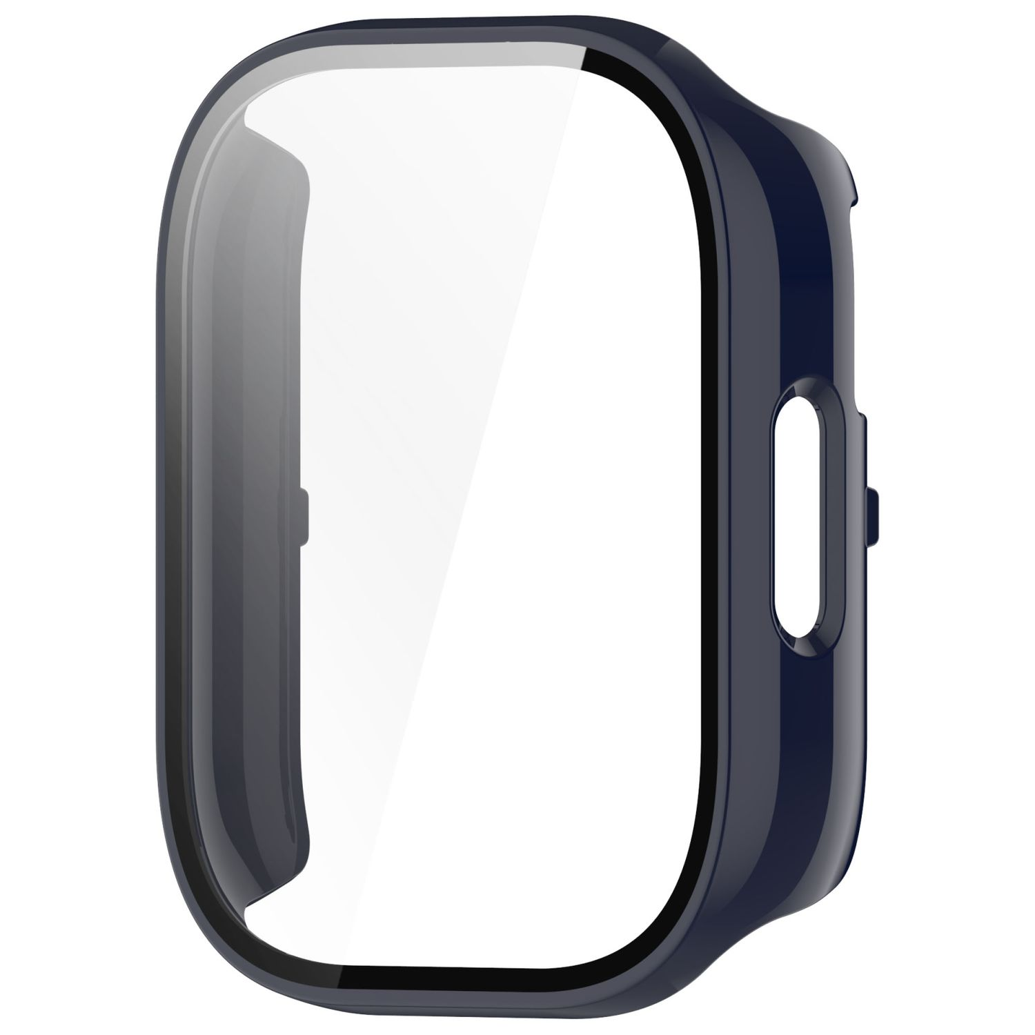 Una cassa per orologio blu scuro con una protezione per lo schermo trasparente.