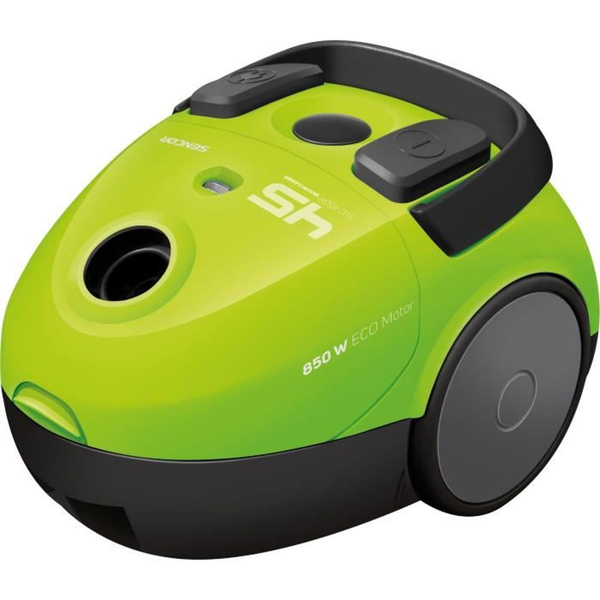 Aspirapolvere verde con dettagli, pulsanti e ruota neri. 850W Eco Motor. Marca SENCOR, modello SH 45.
