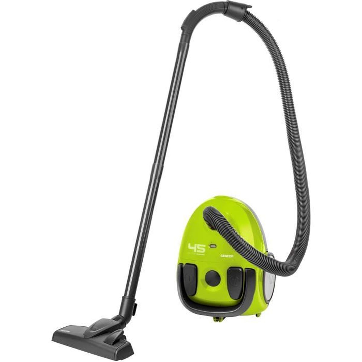 Un aspirapolvere verde con un tubo flessibile e un ugello.