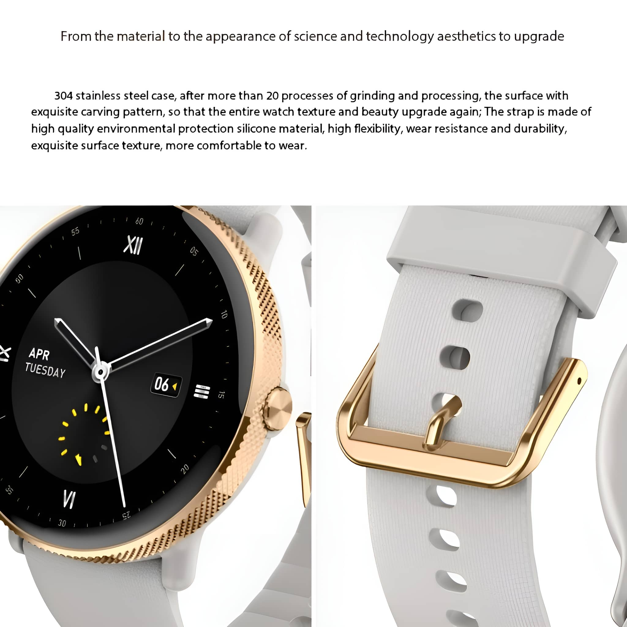 Weiße Smartwatch mit goldenen Akzenten, die Zeit und Details zeigt.