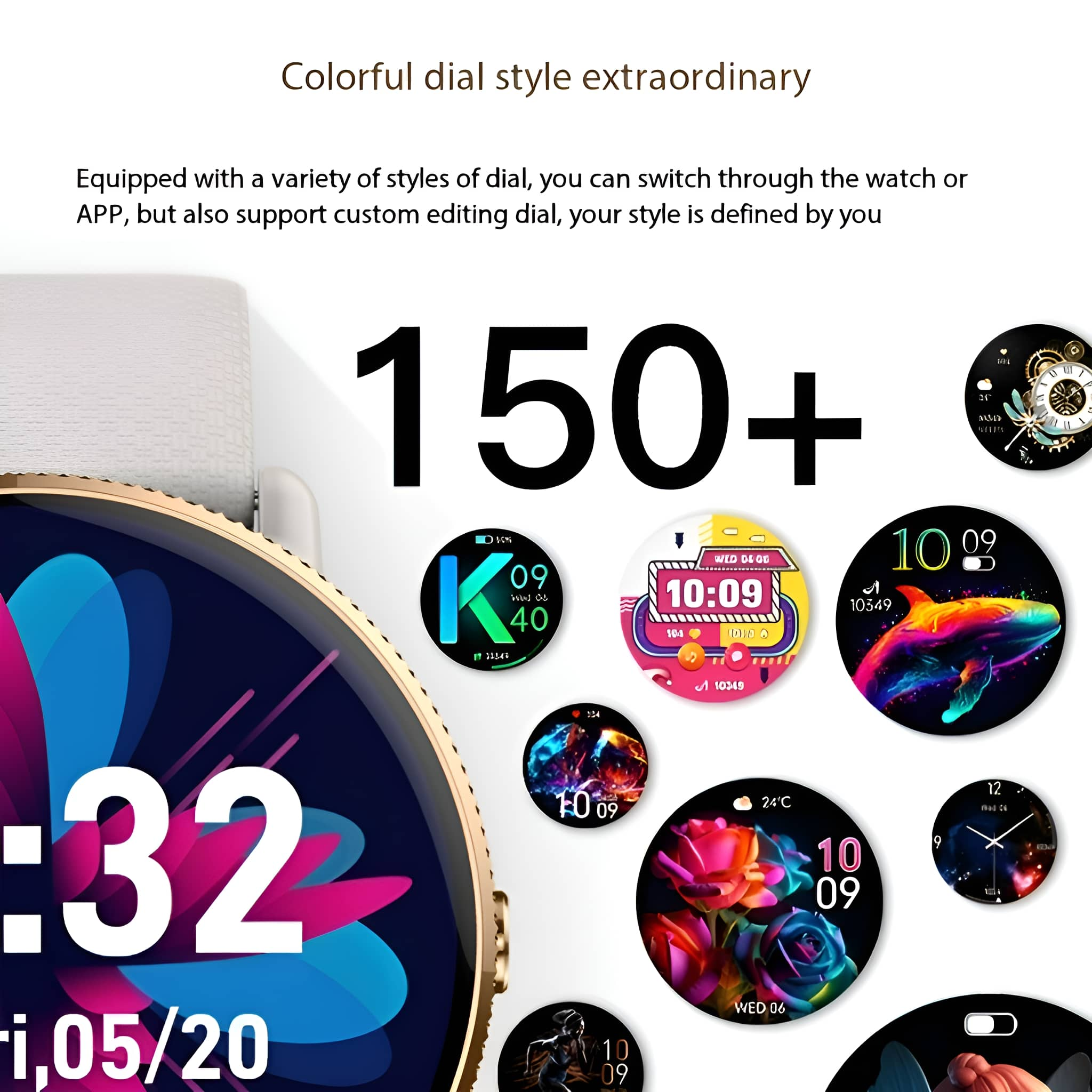 Eine Smartwatch mit großem kreisförmigen Zifferblatt. Es gibt mehrere kleinere Zifferblattbilder darum herum.
