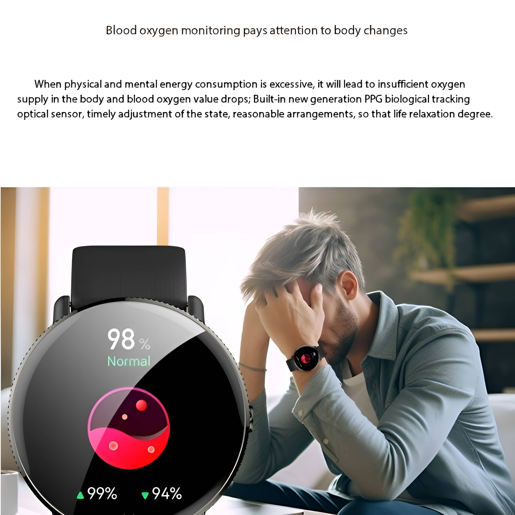 Ein Mann, der auf eine Smartwatch mit Blutsauerstoffwerten blickt.