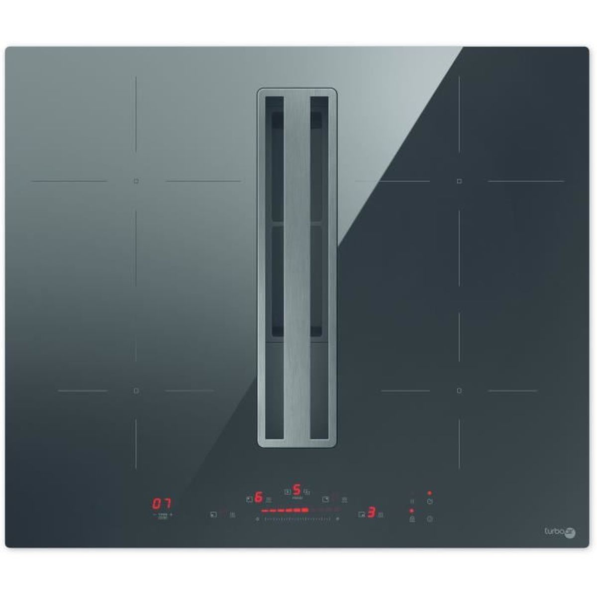 Czarna płyta indukcyjna z elementami dotykowymi i wbudowanym okapem na białym tle.