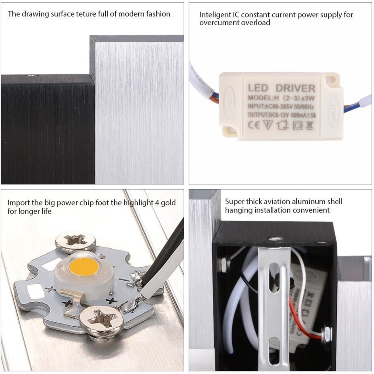 Nahaufnahmen von LED-Treibern und Lichtkomponenten, einschließlich Aluminium- und Chipdetails.