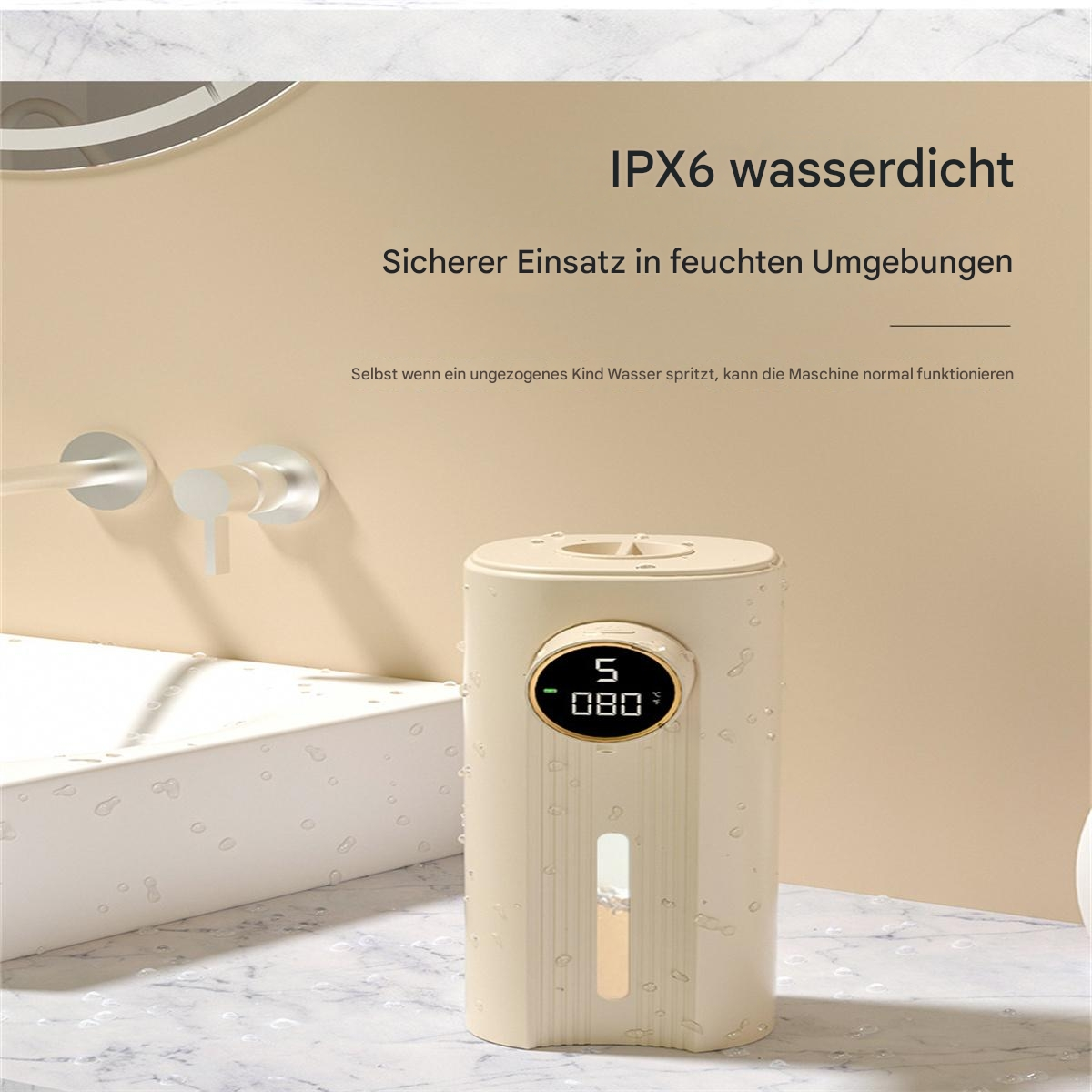 Ein beigefarbener elektrischer Seifenspender mit Digitalanzeige.