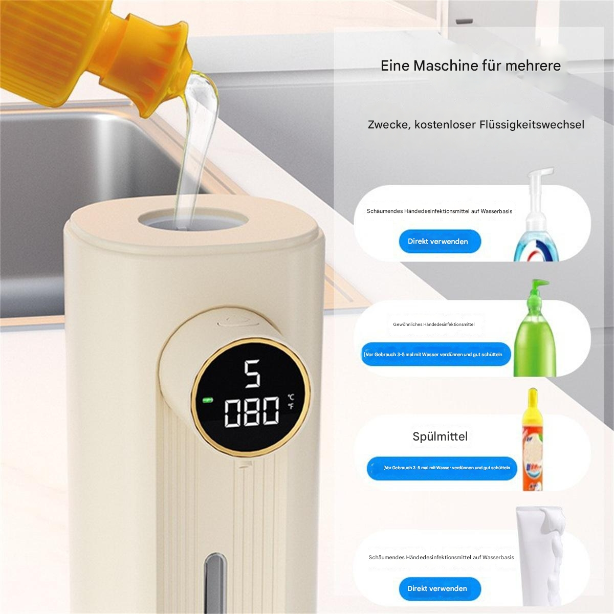 Ein automatischer Seifenspender mit digitaler Anzeige und Symbolen für Gebrauchsanweisungen.