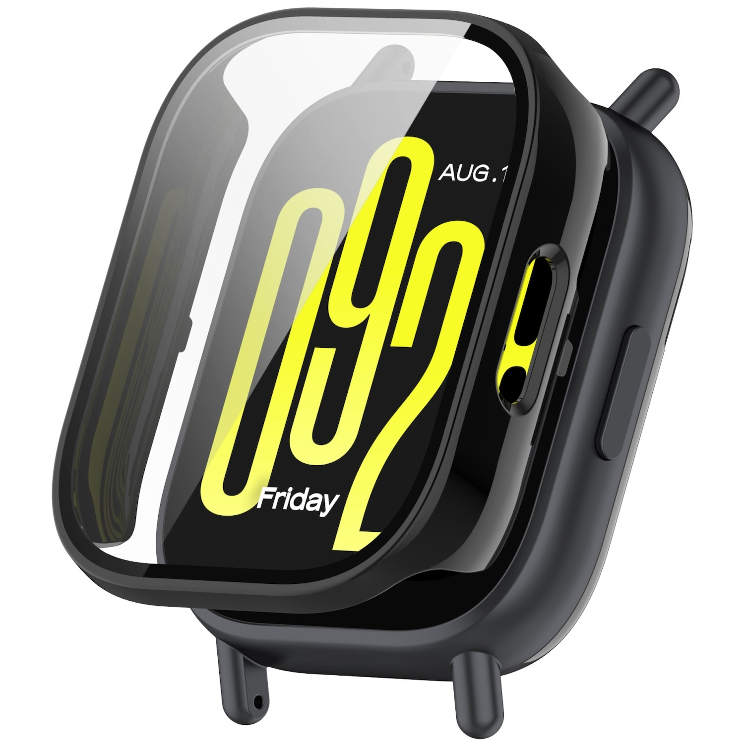 Schwarzes Smartwatch-Gehäuse mit klarem Bildschirm. Die Uhr zeigt Datum und Uhrzeit.