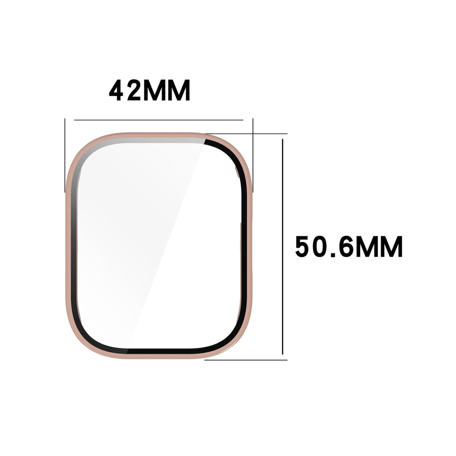 Ein Displayschutz mit den Maßen 42 mm x 50,6 mm. Er ist klar und hat einen roségoldfarbenen Rahmen auf weißem Hintergrund.