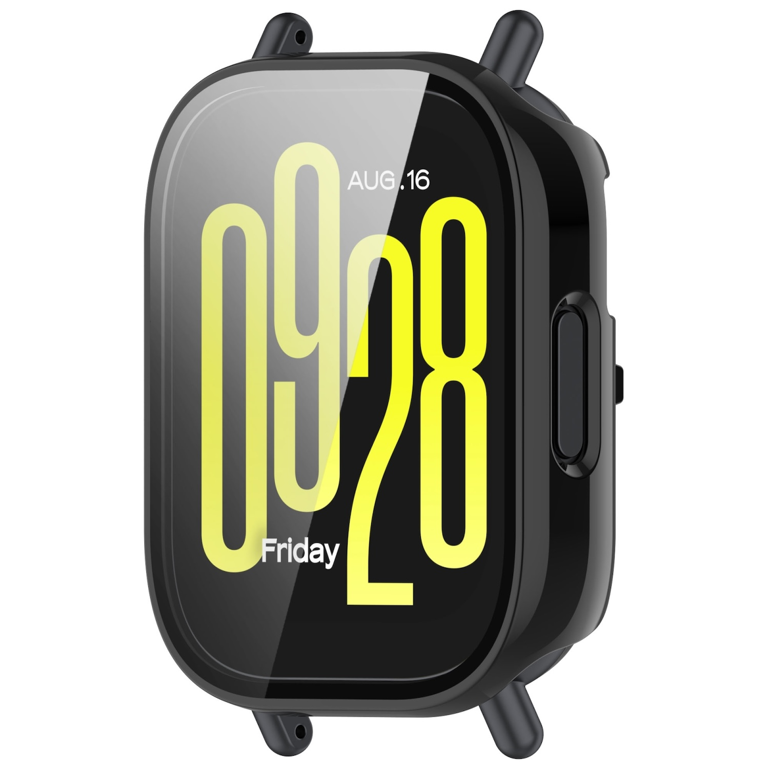 Ein schwarzer Smartwatch-Bildschirm, der die Zeit und den Tag (Freitag, 16. Aug.) anzeigt. Das Gehäuse ist schwarz.