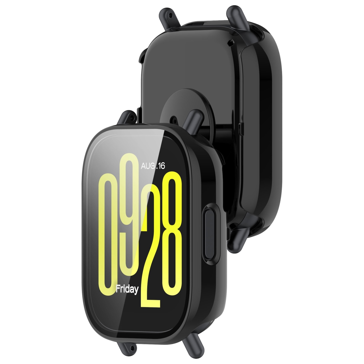 Schwarze Smartwatch mit Anzeige von Zeit und Datum, mit Schutzhülle.