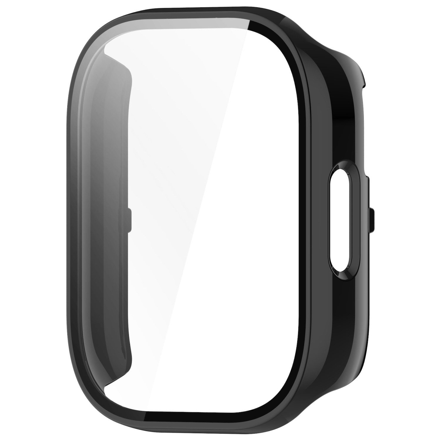 Eine schwarze Hülle für eine Uhr, in der Mitte transparent, die Kontur der Hülle zeigend.