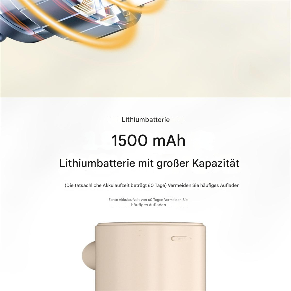 Weißer Hintergrund mit Text über eine Lithiumbatterie mit 1500 mAh Kapazität.