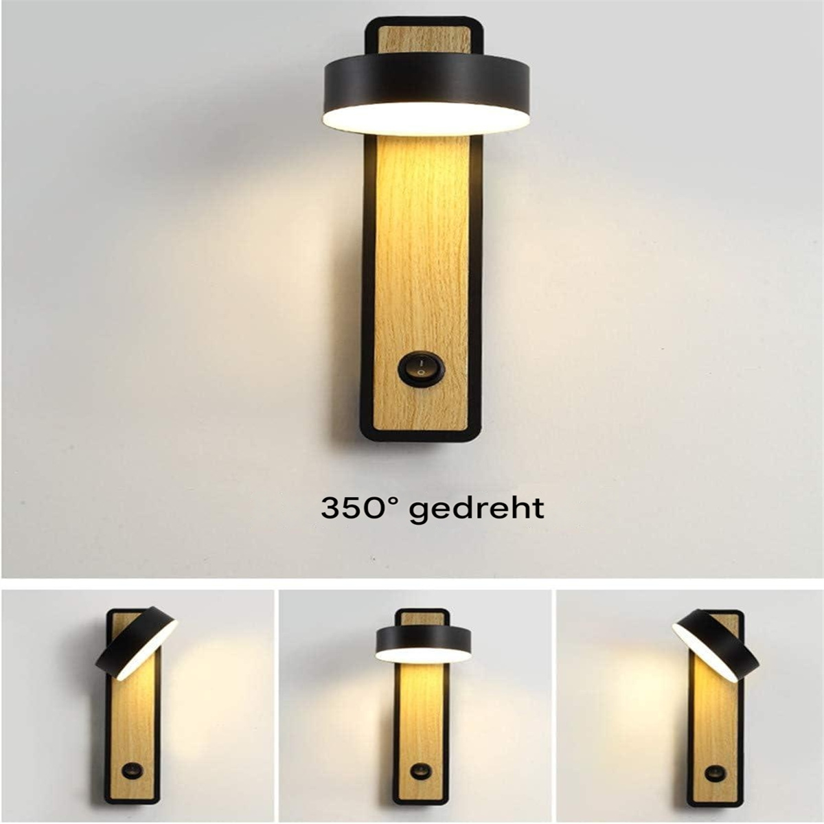 Eine Wandleuchte mit Holzsockel und schwarzem, drehbarem Oberteil. Zeigt die Leuchte in verschiedenen Positionen.