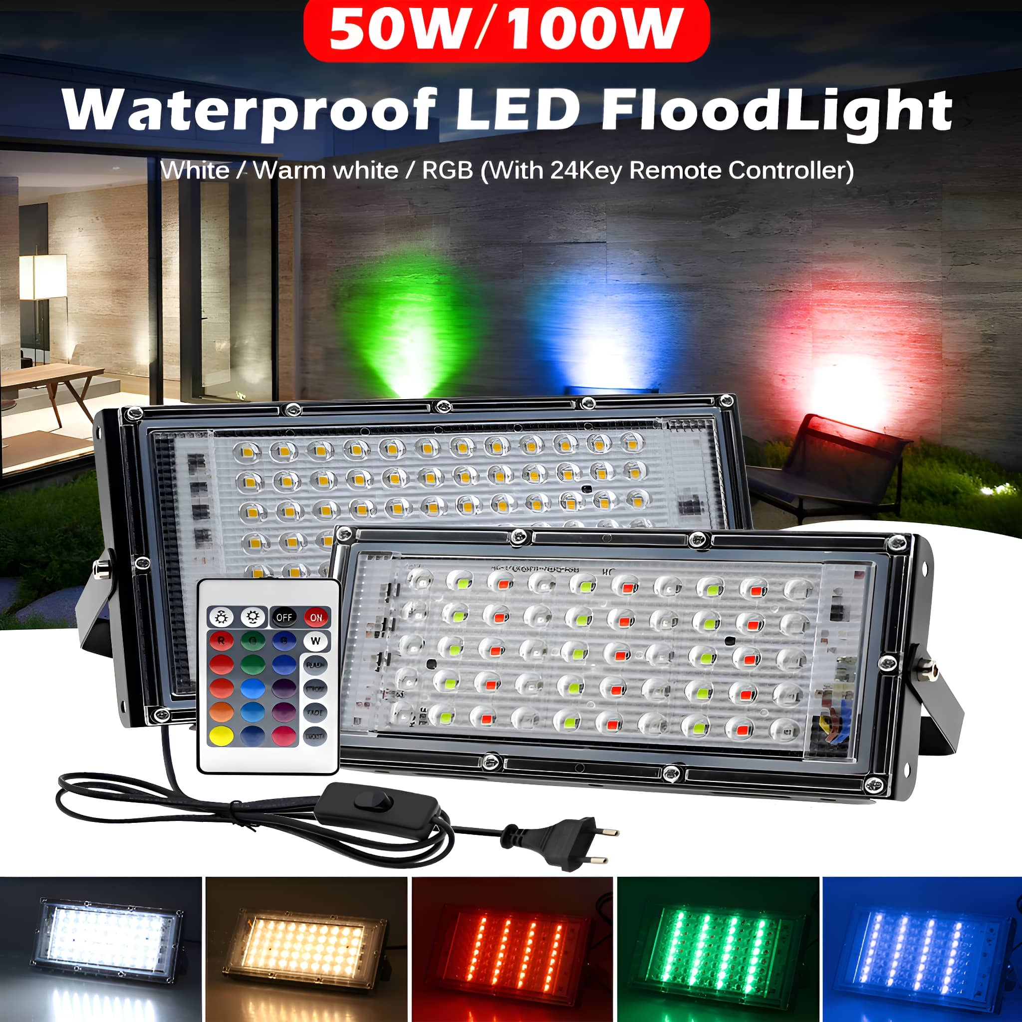 LED-Flutlichter in verschiedenen Farben. Eine Fernbedienung und ein Netzkabel sind sichtbar. An Außenwand.