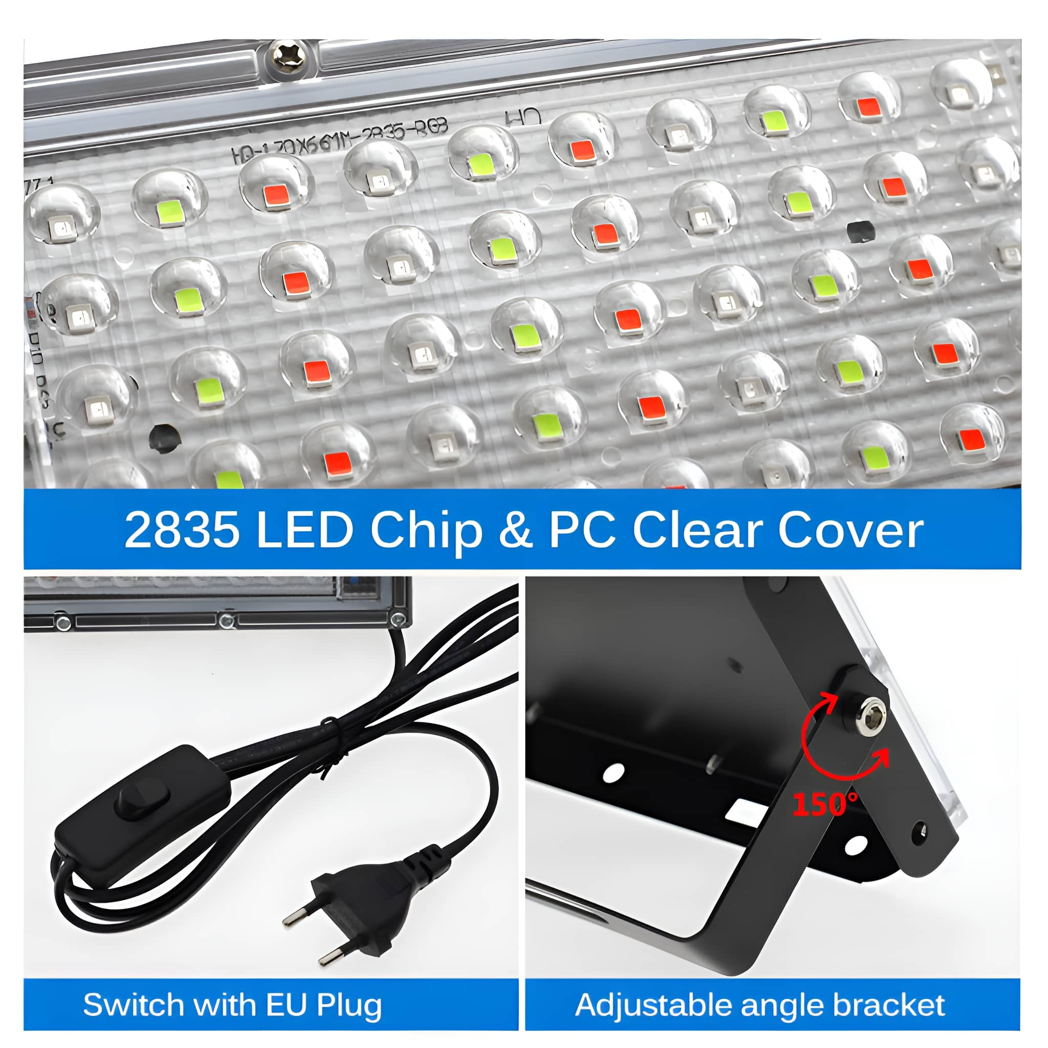 LED-Flutlicht mit Details, Schalter mit EU-Stecker, einstellbarem Winkelhalter.