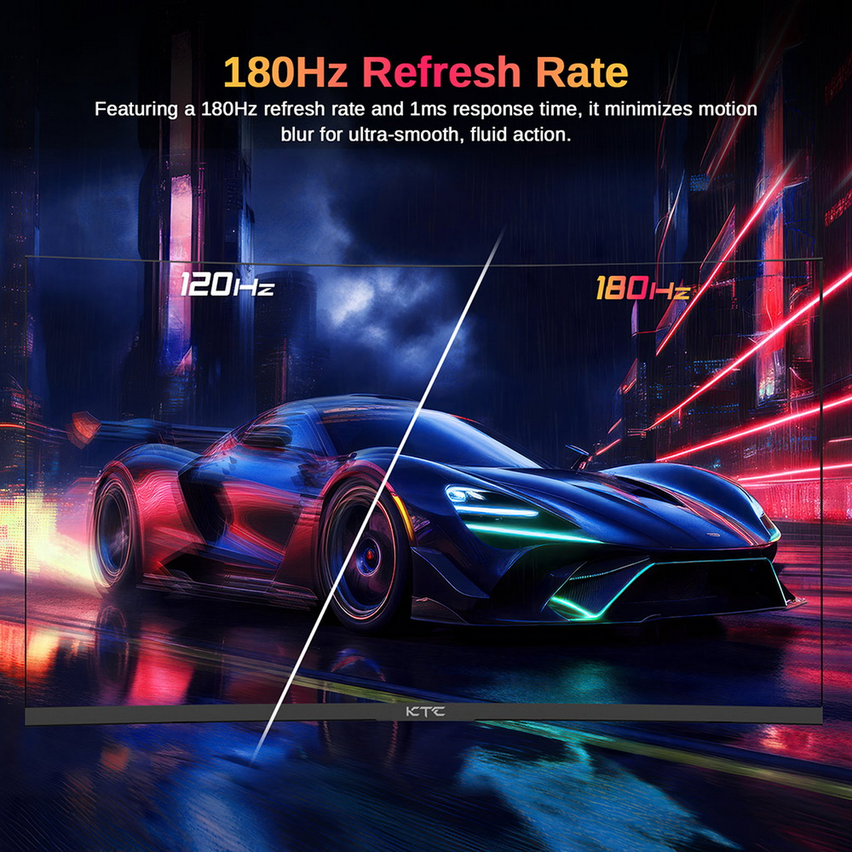 Monitor do gier wyświetlający scenę wyścigu samochodowego z częstotliwością odświeżania 180 Hz. Ciemne tło miasta.