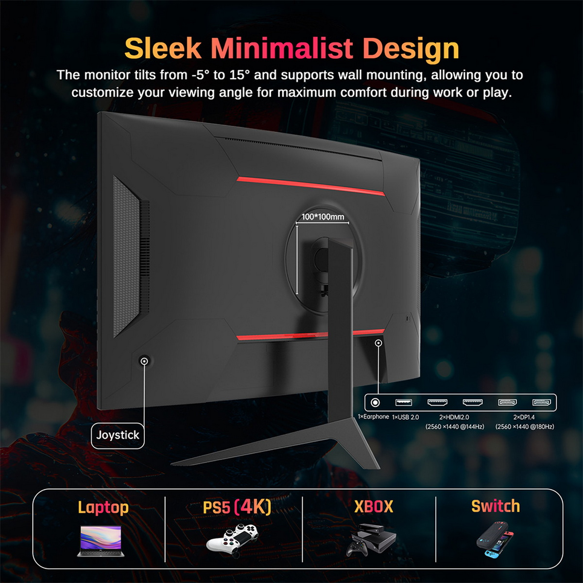 Czarny monitor komputera z czerwonymi akcentami. Posiada różne porty dla urządzeń, takich jak laptop i Xbox.