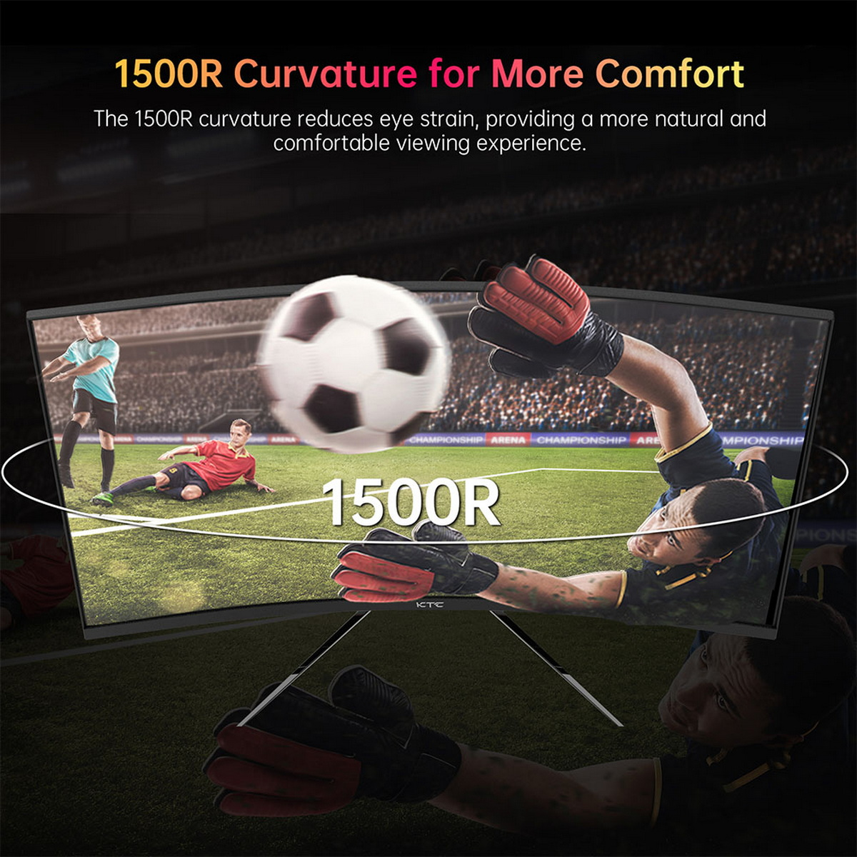 Zakrzywiony monitor pokazujący mecz piłki nożnej. Piłka w powietrzu. Dwóch graczy na ekranie.