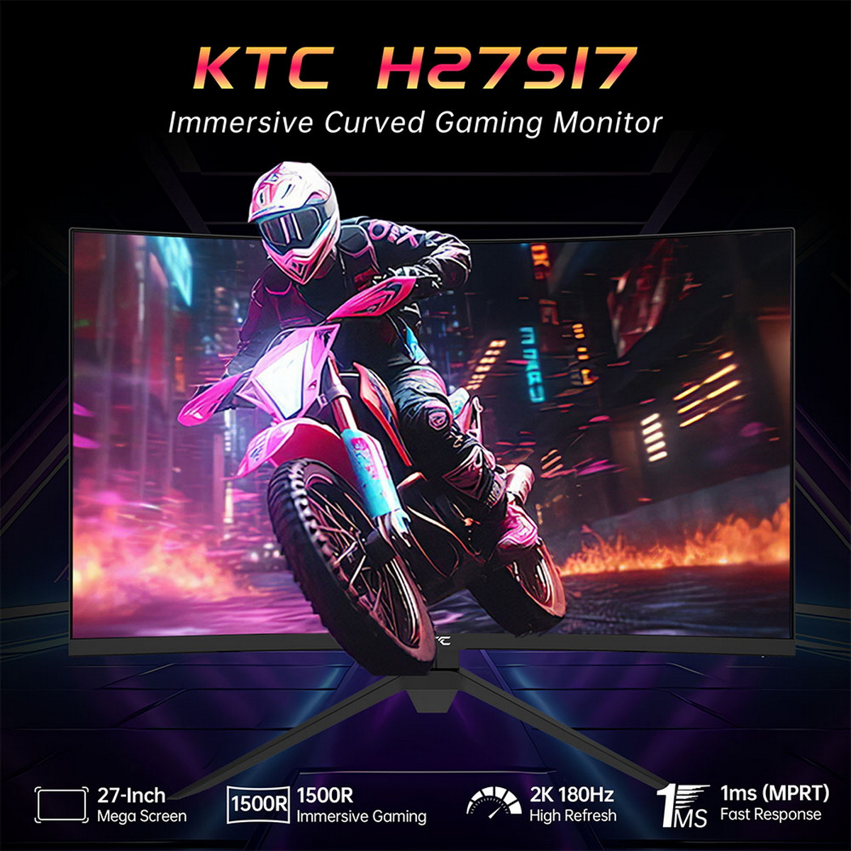 Ein gebogener Gaming-Monitor mit einer Rennspielszenen. Er hat einen 27-Zoll-Bildschirm und andere technische Daten.