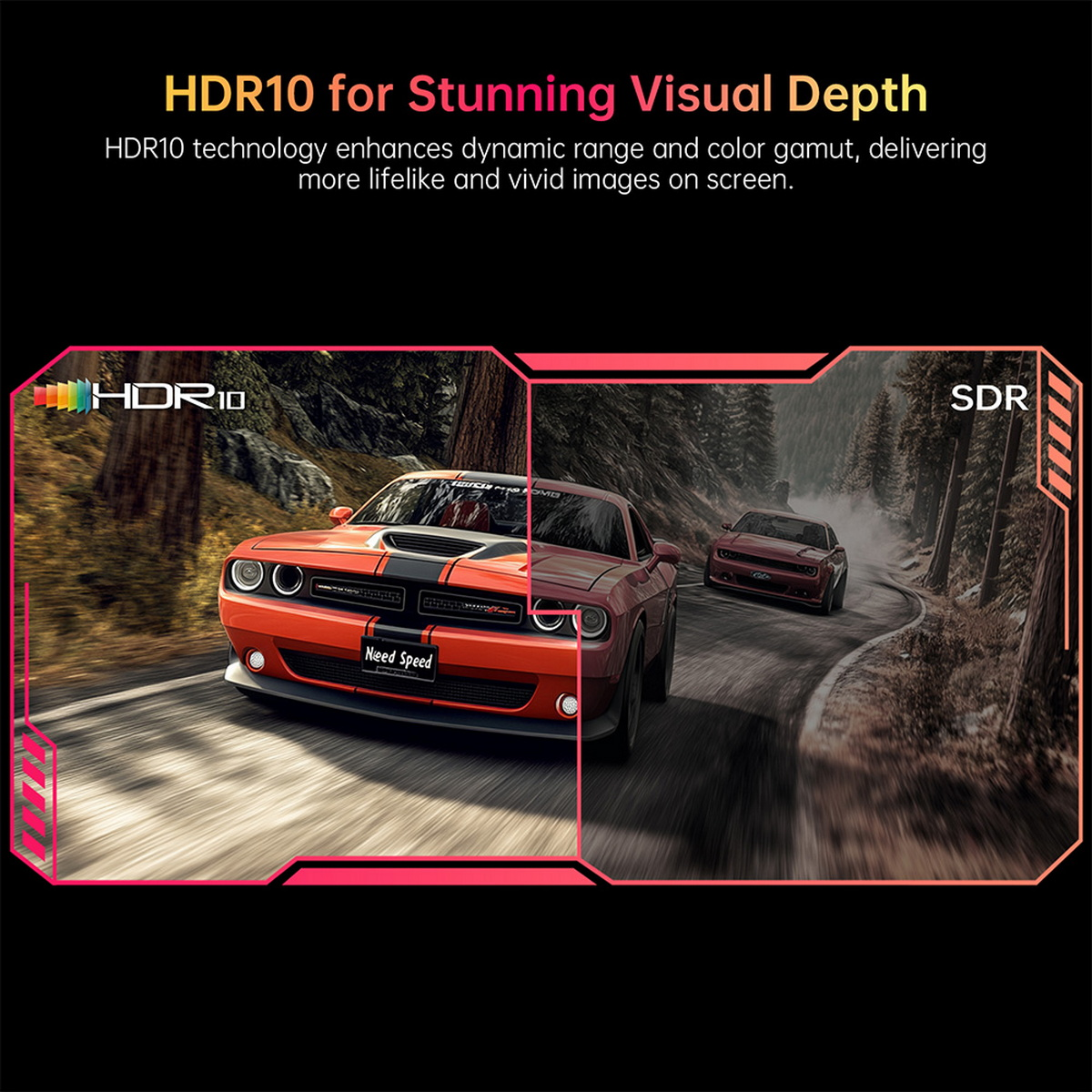 Scena wyścigu samochodowego z porównaniem HDR10. Jedna strona to HDR, druga SDR, pokazująca różnice kolorów.