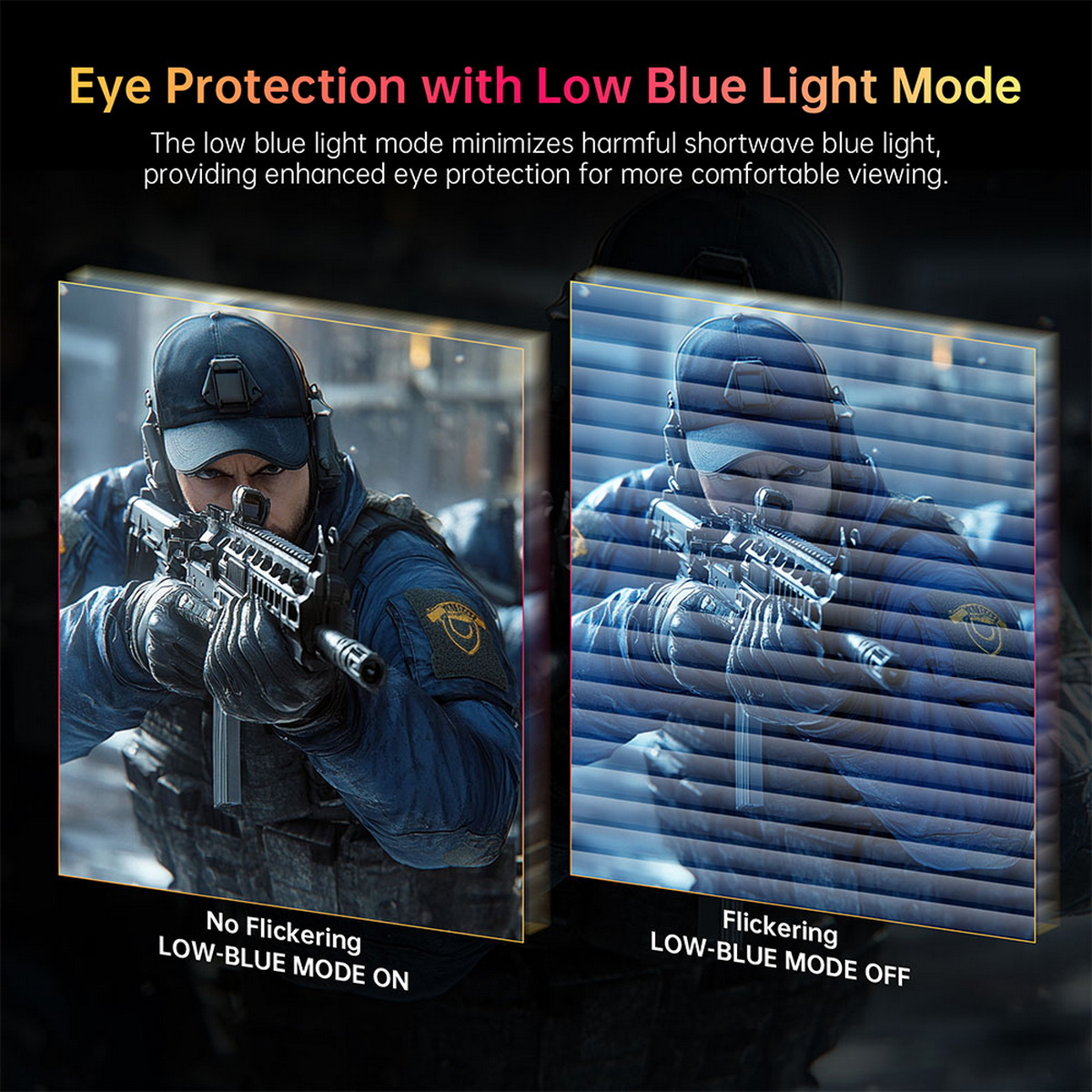 Obraz porównujący tryby niskiego światła niebieskiego. Żołnierze z bronią, niebieski odcień po prawej.