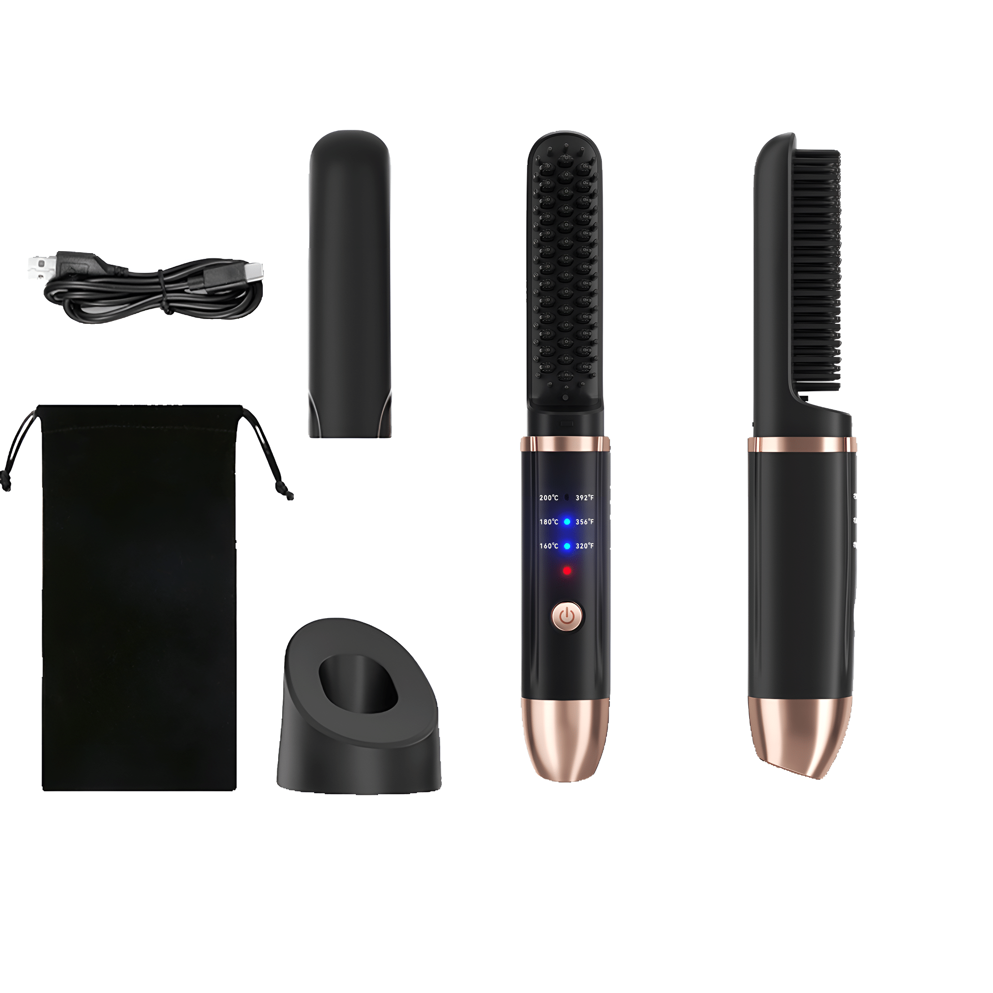 Ein schwarz-goldener Haarglättungskamm. Zubehör umfasst ein USB-Kabel, einen Beutel und einen Ständer.