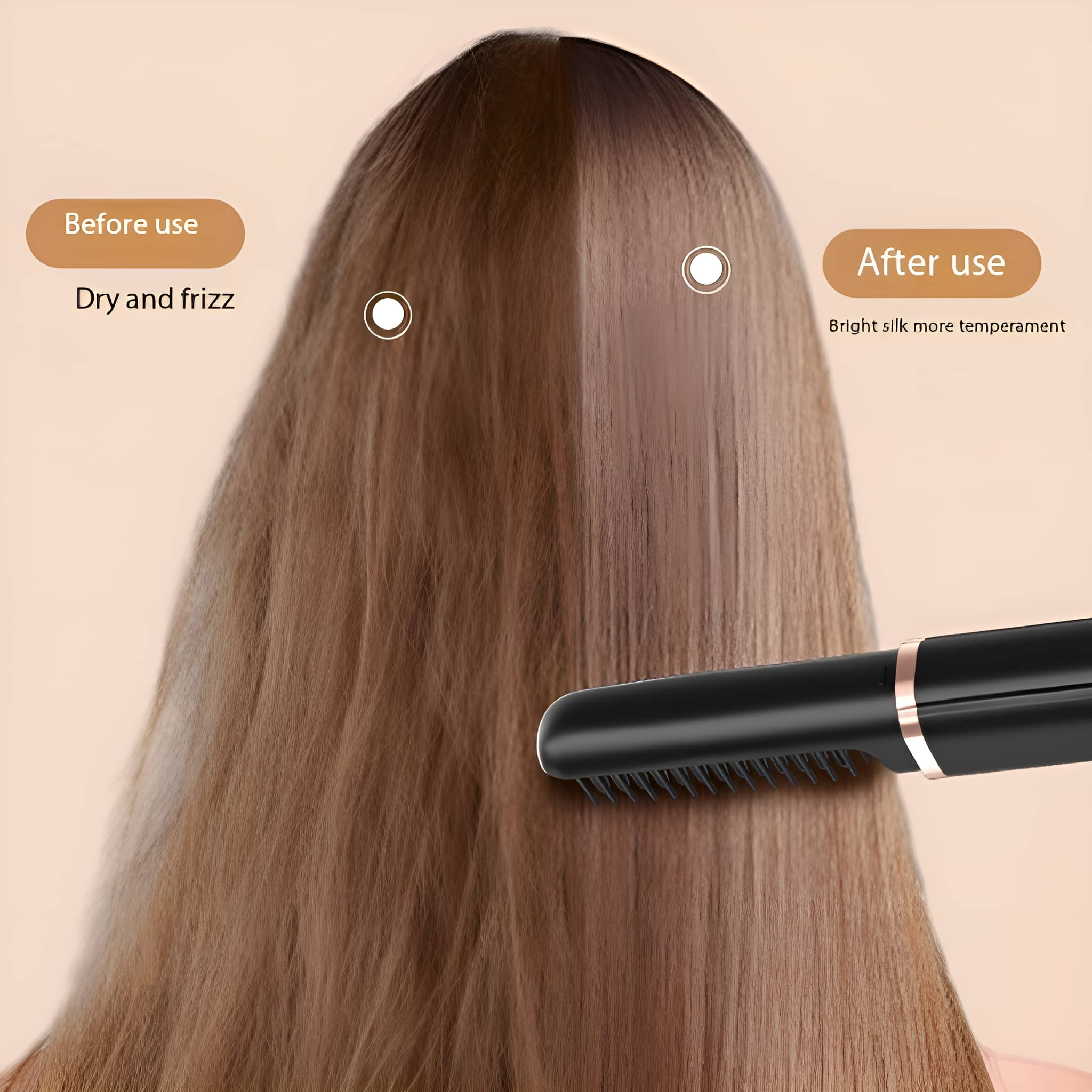 Haar vor und nach dem Glätten. Vorher: trocken und kraus. Nachher: glatt und glänzend, mit einem schwarzen Werkzeug.