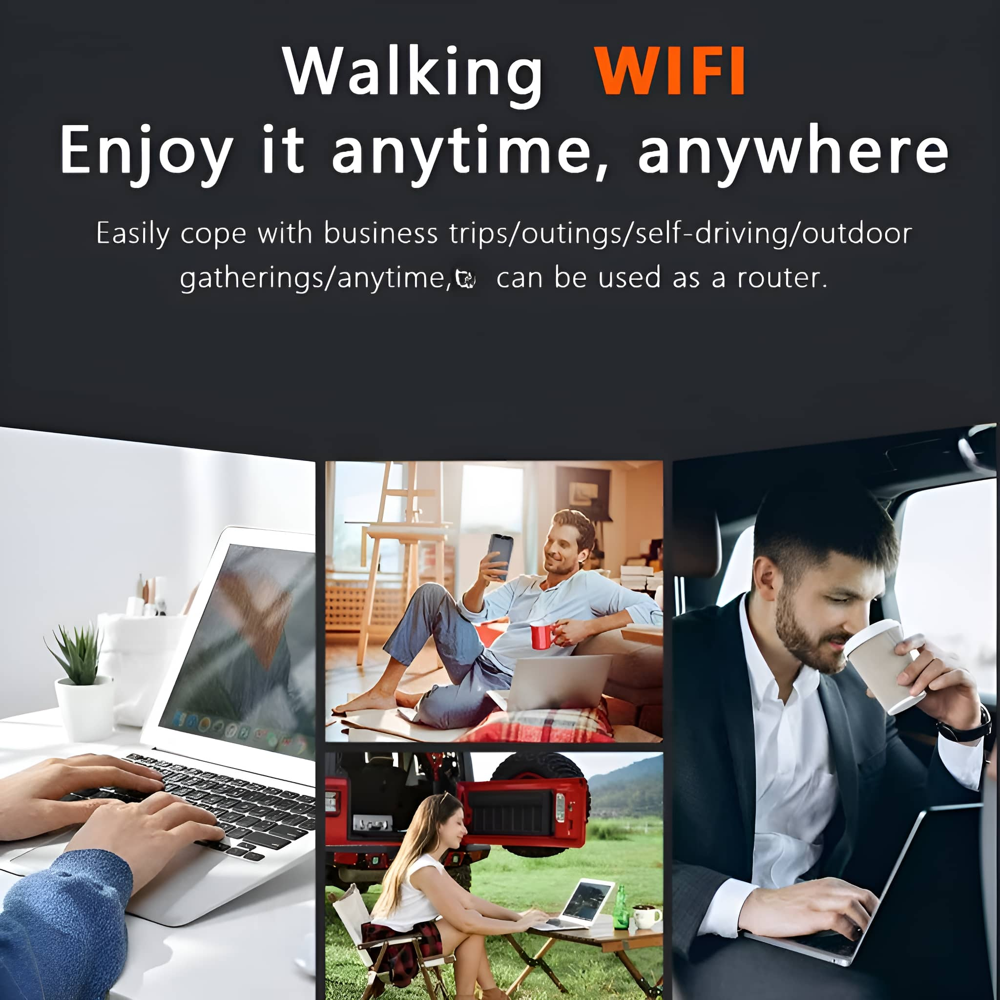 Ein Werbebild für ein tragbares WLAN-Gerät, das verschiedene Personen bei der Nutzung von Laptops und Handys im Freien zeigt.