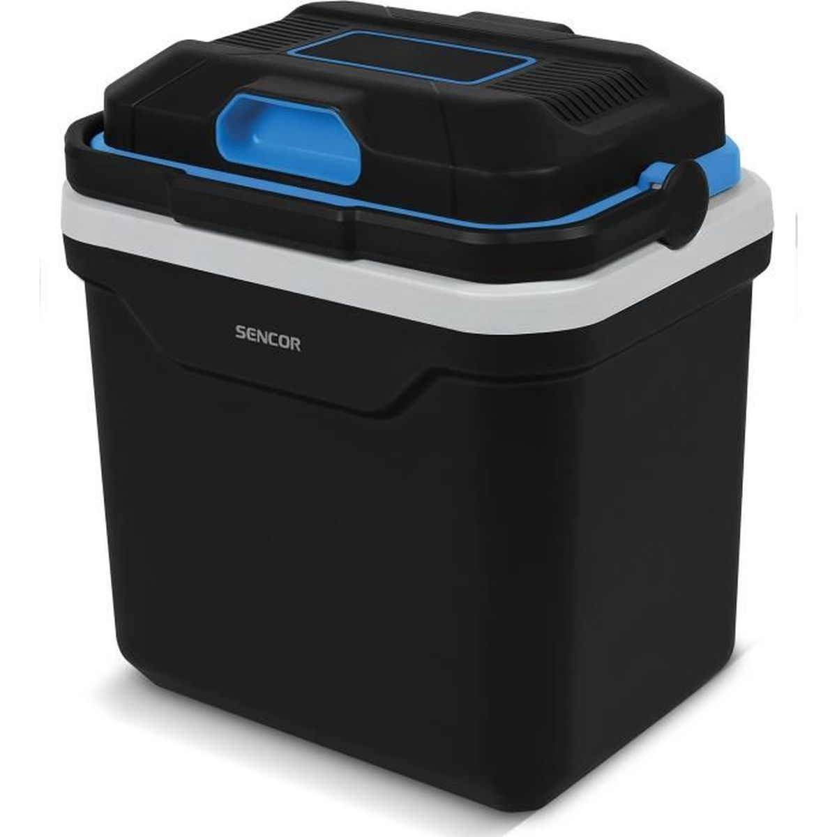 Contenitore termico nero con maniglia blu, su sfondo bianco. Forma rettangolare, logo Sencor.