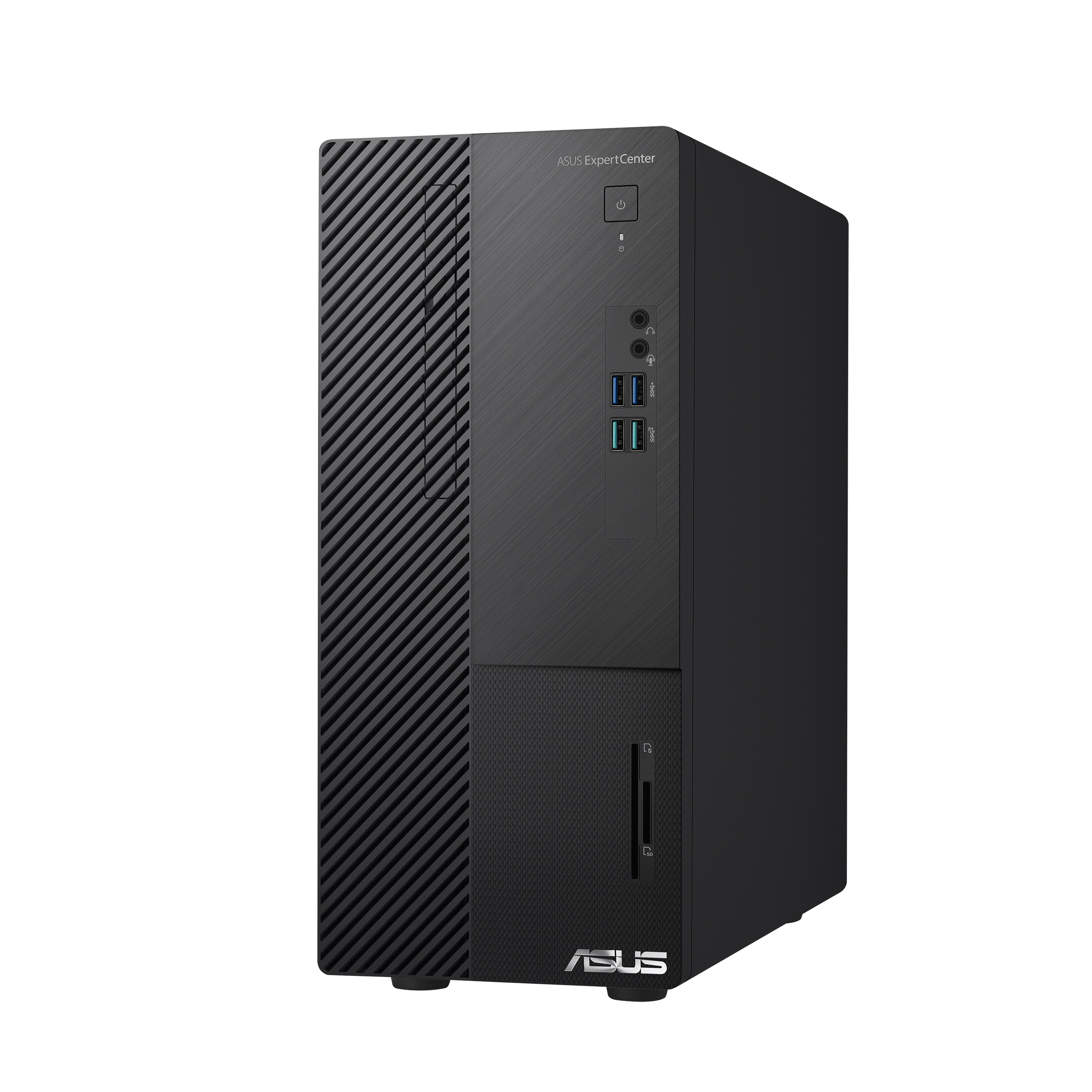 Computer desktop nero con logo ASUS, leggermente angolato, su sfondo bianco.