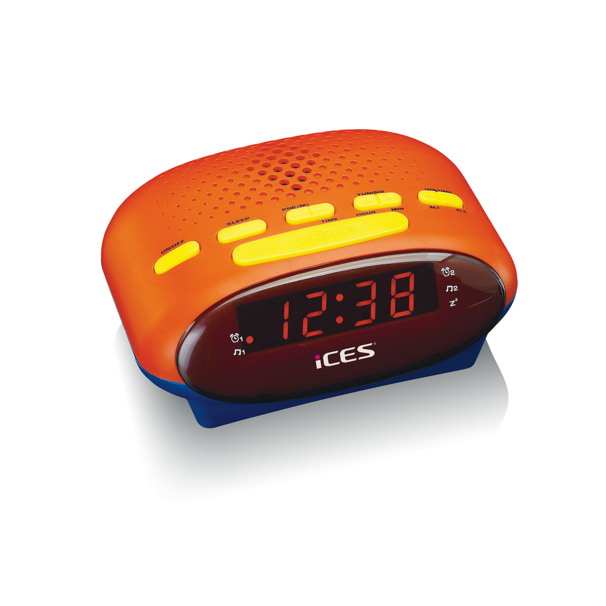 Orange and blue retro alarm clock with digital display showing 12:38. Yellow buttons.