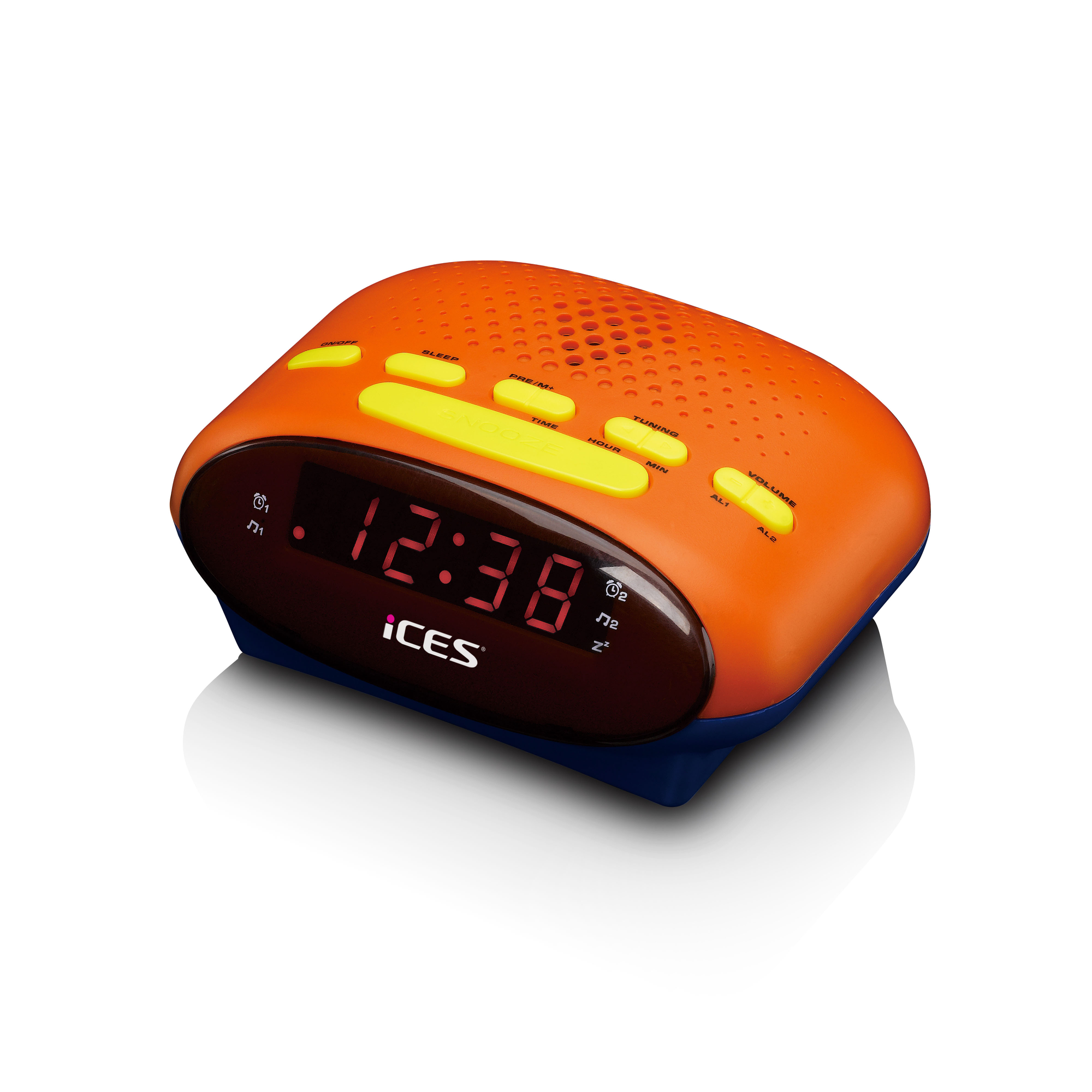 Orange and blue digital alarm clock with red digits showing the time.