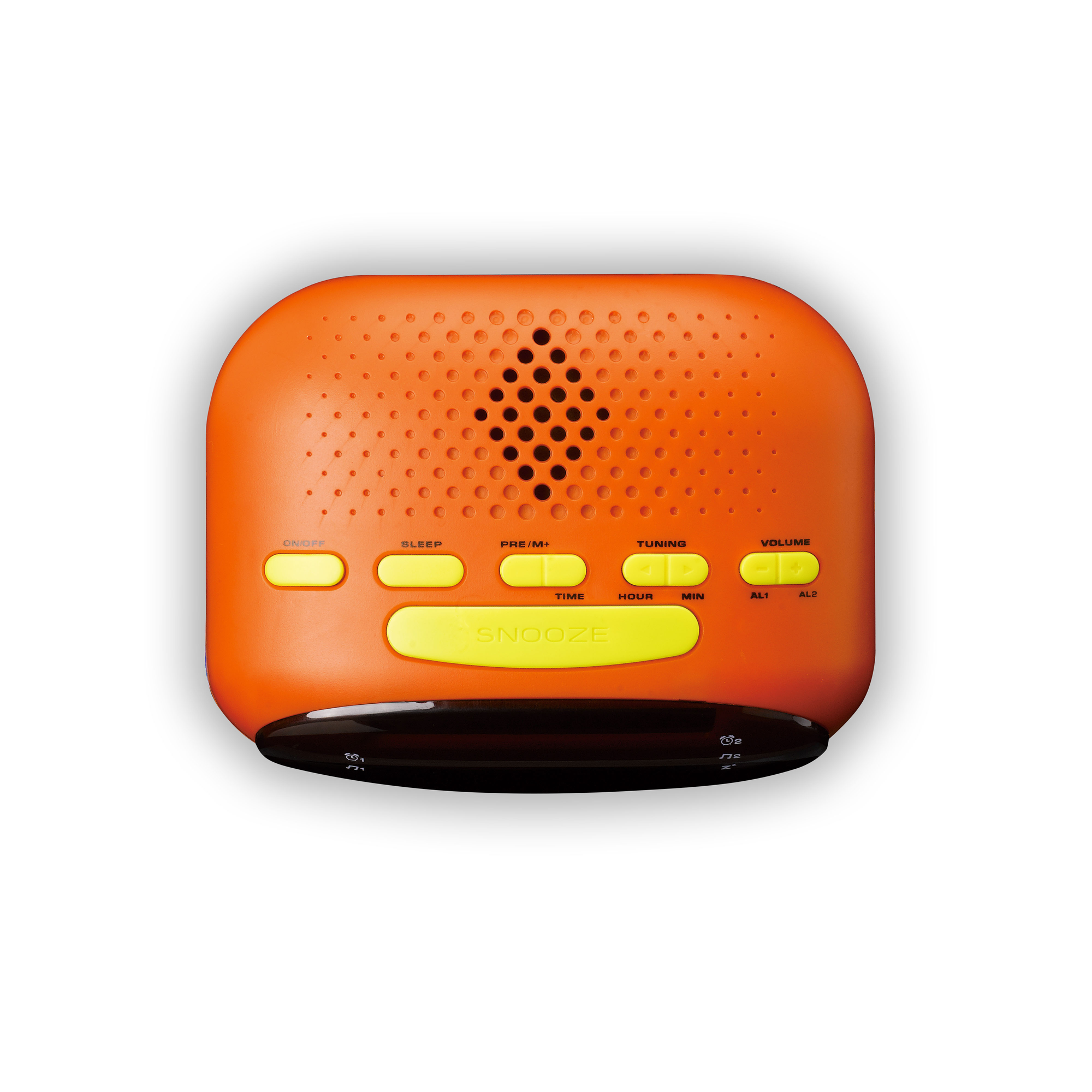 An orange alarm clock with several yellow buttons on the top.