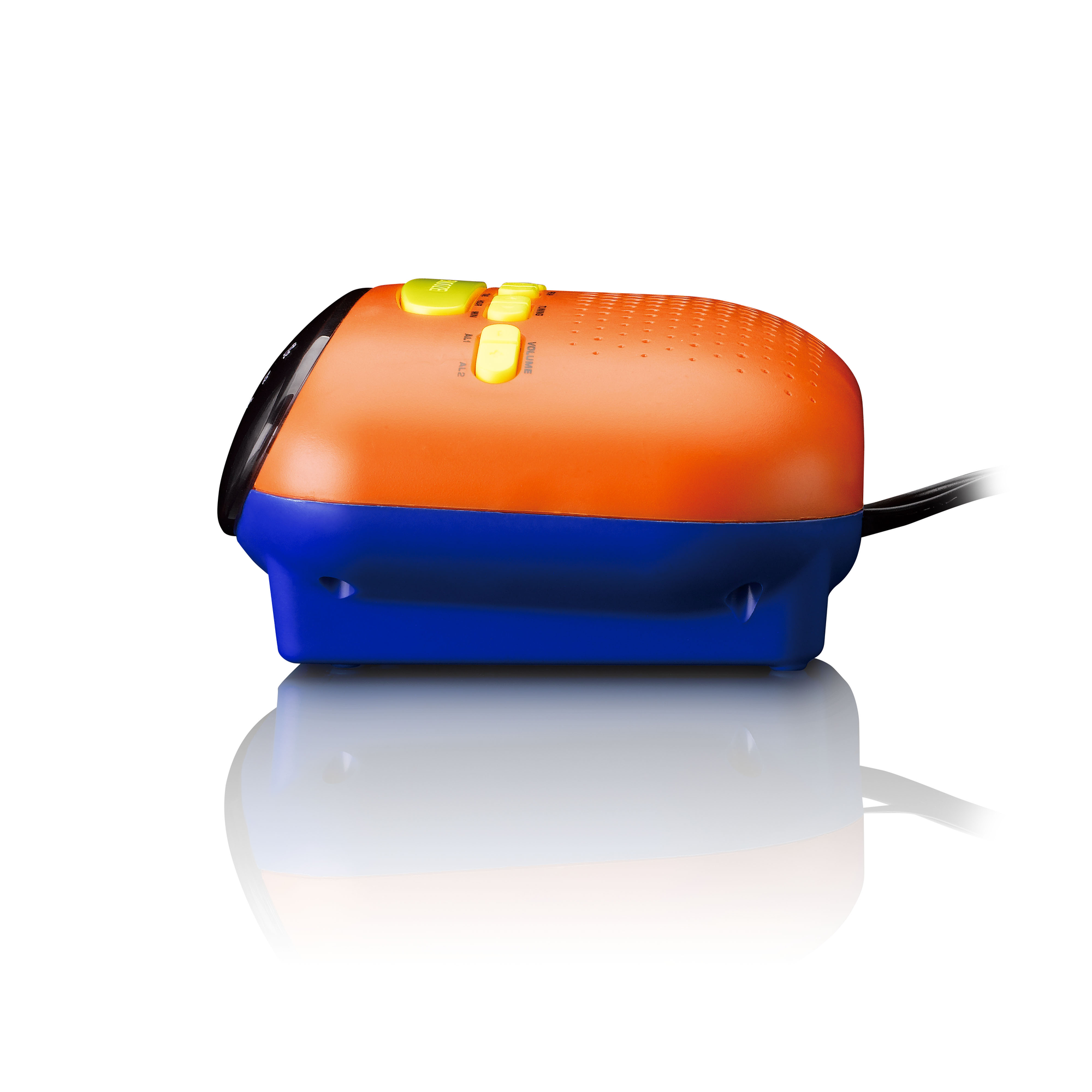 Orange and blue retro alarm clock. It has yellow buttons and black power cord.
