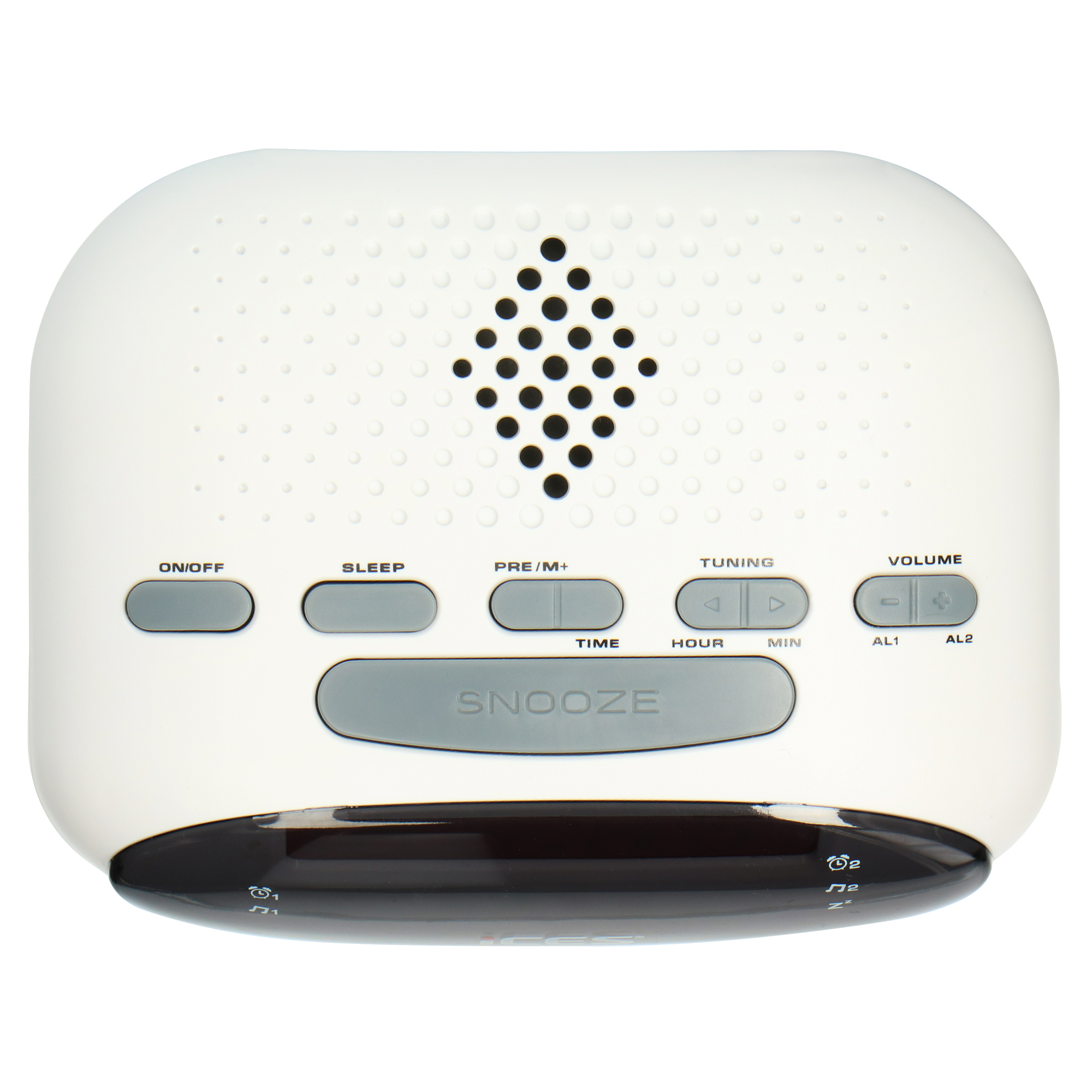 Biały budzik z przyciskami włącz/wyłącz, drzemka, czas i głośność, na białym tle.