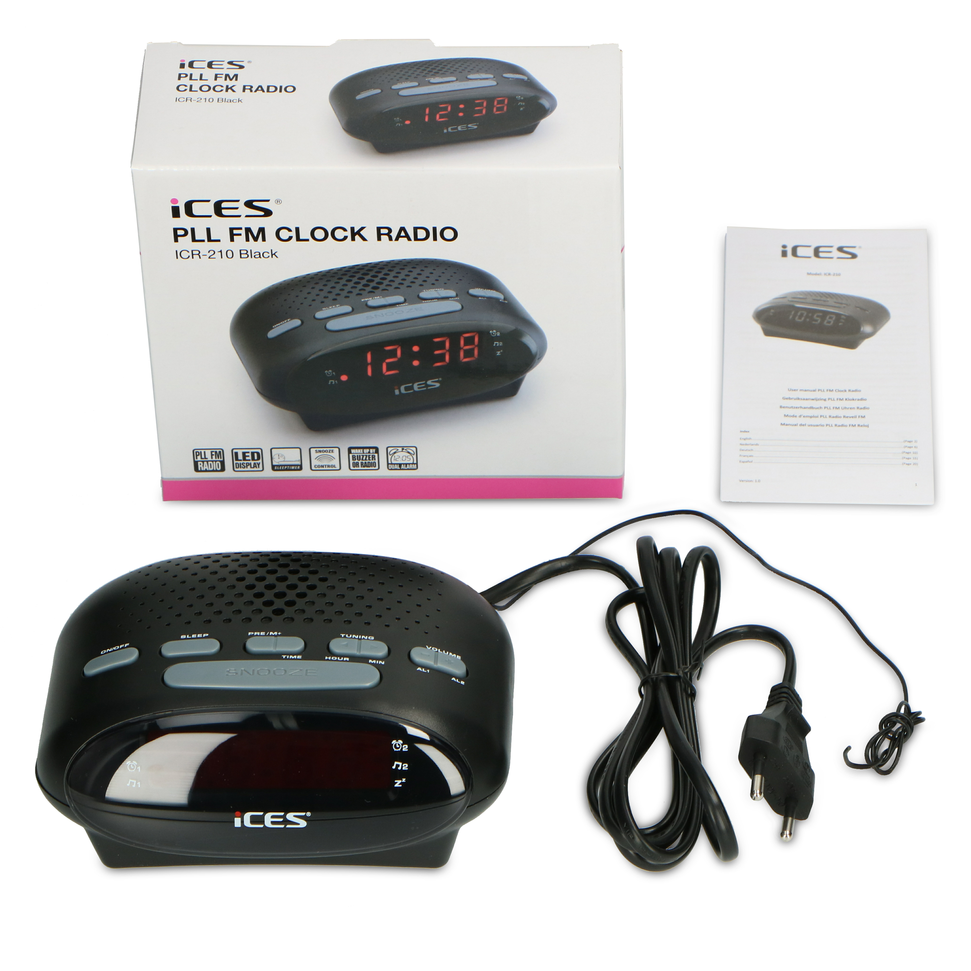Czarny radiobudzik ICES PLL FM z pudełkiem i instrukcją. Wyświetlacz pokazuje czas.