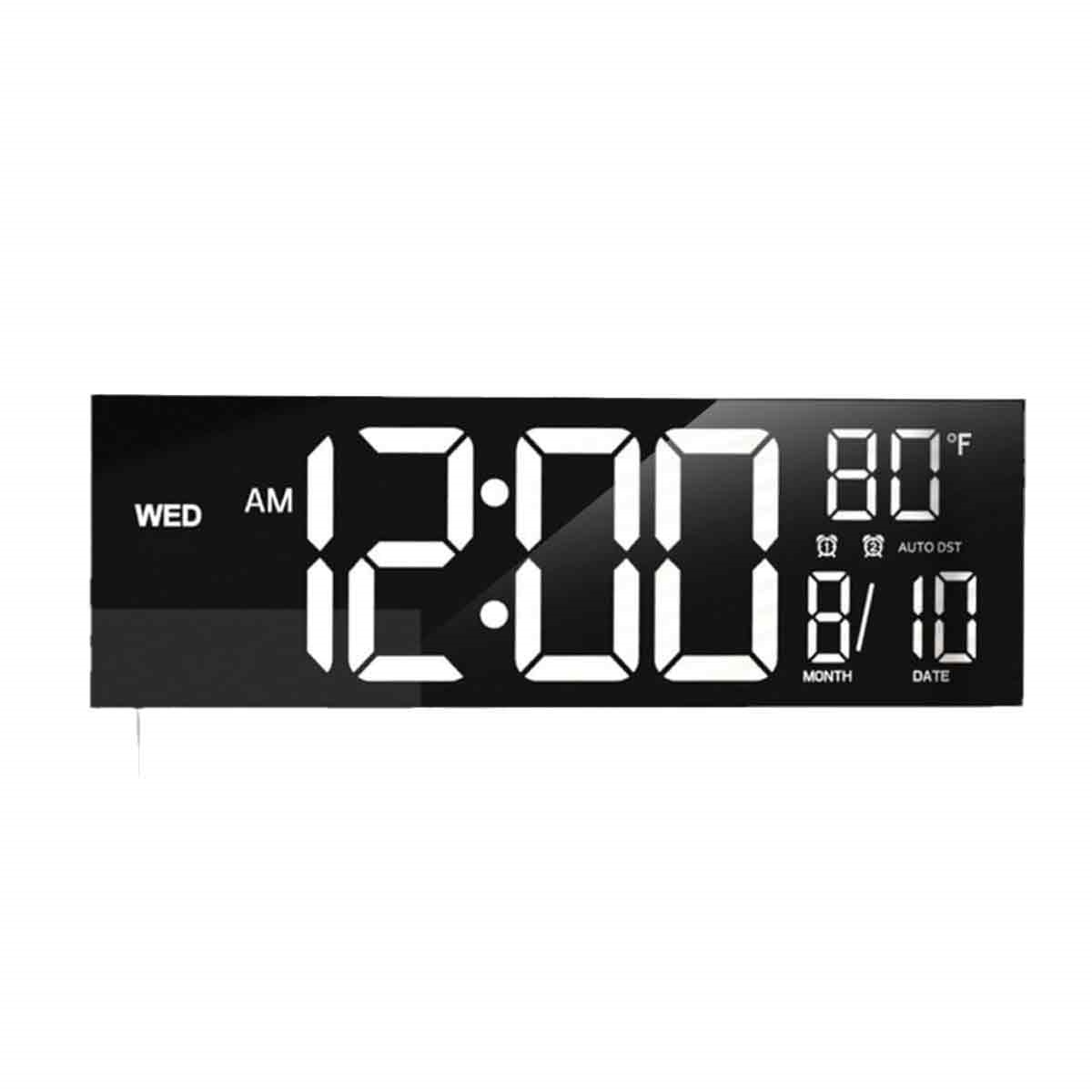Schwarze Digitaluhr mit großem Display. Die Uhr zeigt Zeit, Datum und Temperatur an.