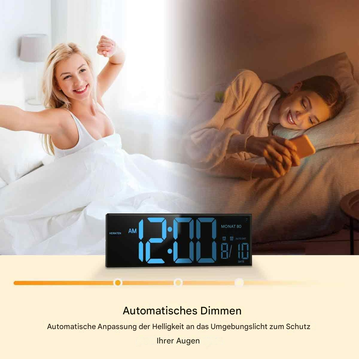 Wecker mit Frau im Bett und einer anderen Frau wach. Text über automatische Dimmung.
