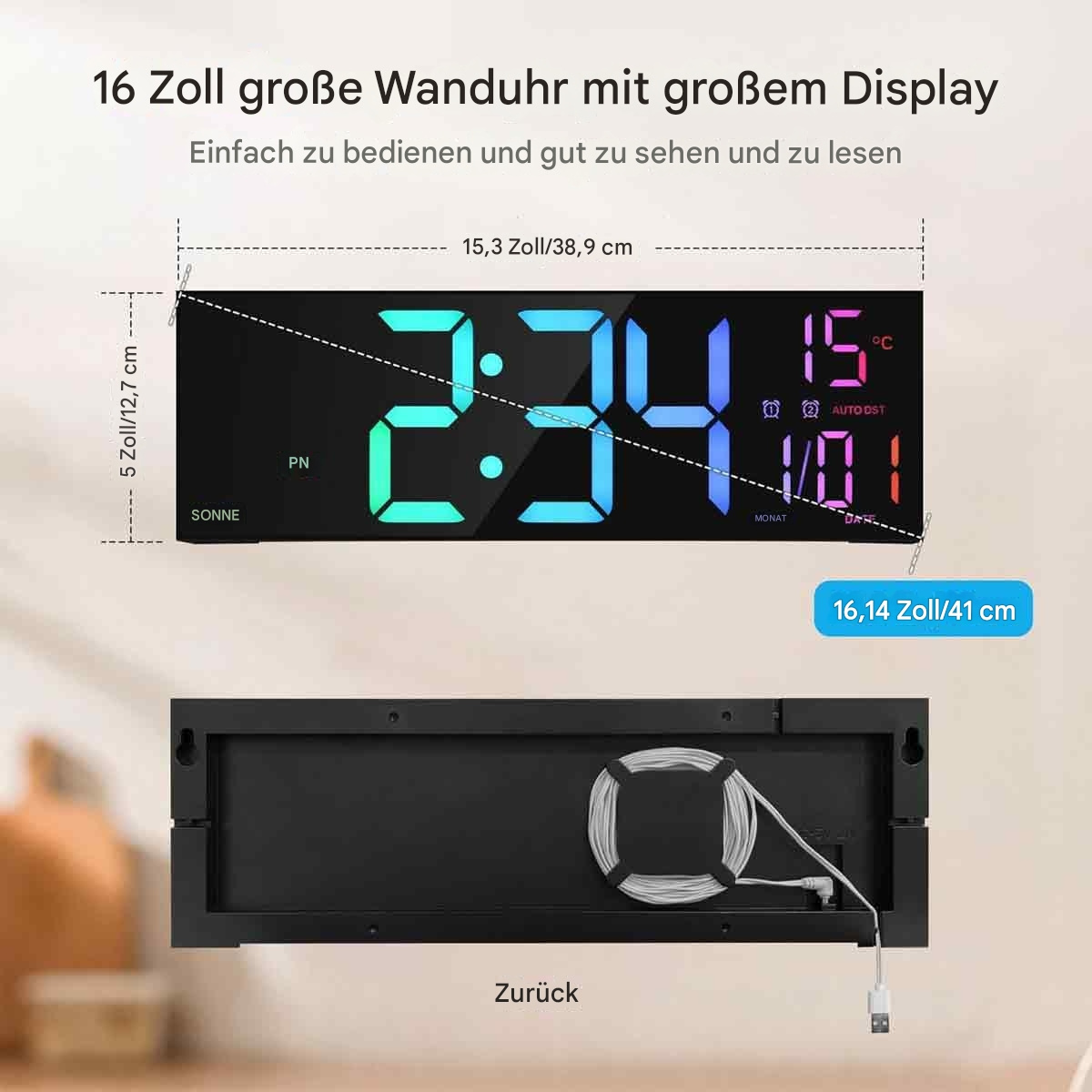 Große Digitaluhr mit Abmessungen. Zeigt die Zeit 2:34, Datum und Temperatur.