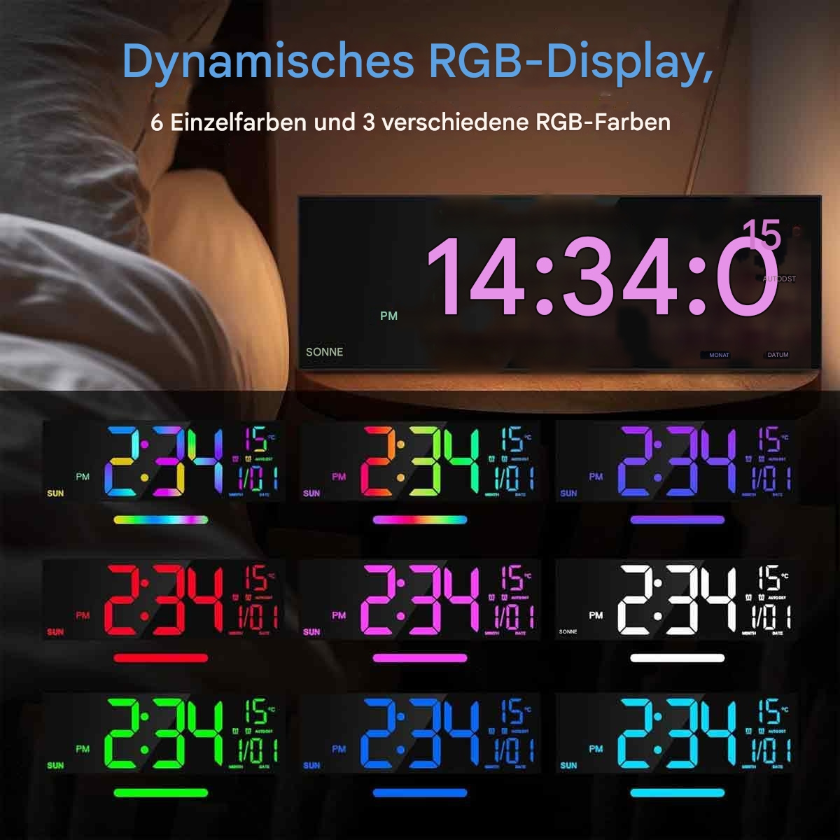 Eine Digitaluhr zeigt Uhrzeit und Datum mit mehreren Farboptionen an. Etwas Text steht oben.