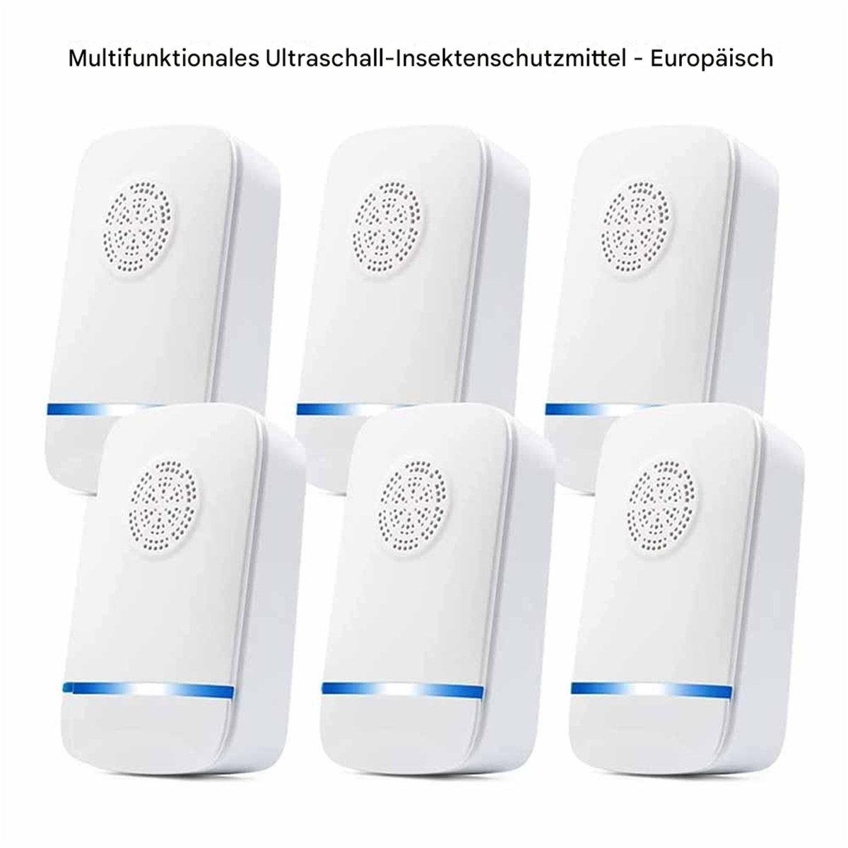 Sechs weiße Schädlingsbekämpfer. Jeder mit einem runden Ventil und einem blauen Streifen. Text: Multifun...