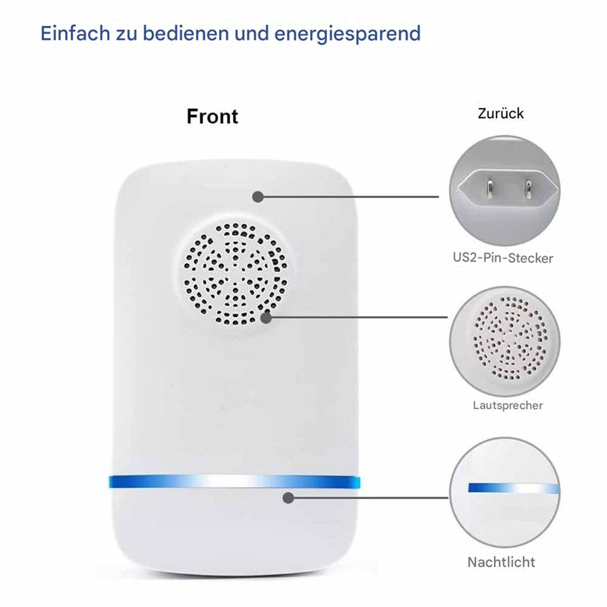 Ein weißes Gerät mit Vorder- und Rückansicht, mit Beschriftungen. Es hat eine Nachtlichtfunktion.