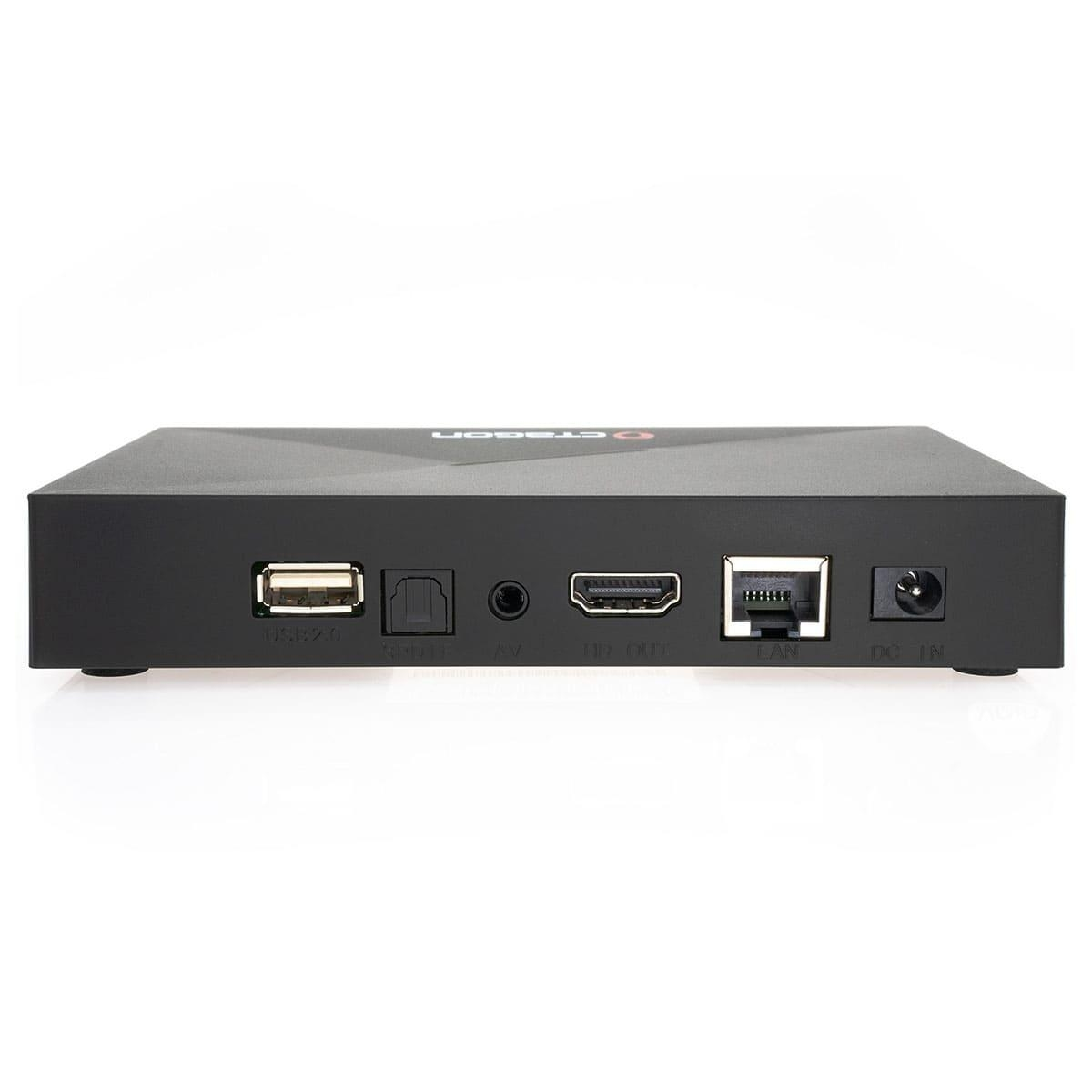 Schwarze TV-Box mit Anschlüssen auf der Rückseite. Anschlüsse umfassen USB, HDMI, LAN und Strom.