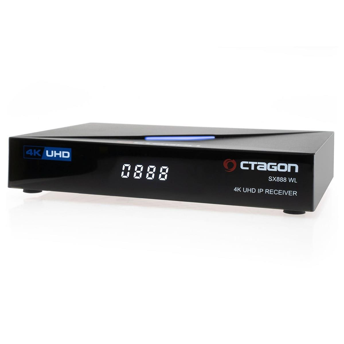 Ein schwarzer STAGON 4K UHD IP-Receiver. Der Receiver zeigt die Zahl 0888 an.