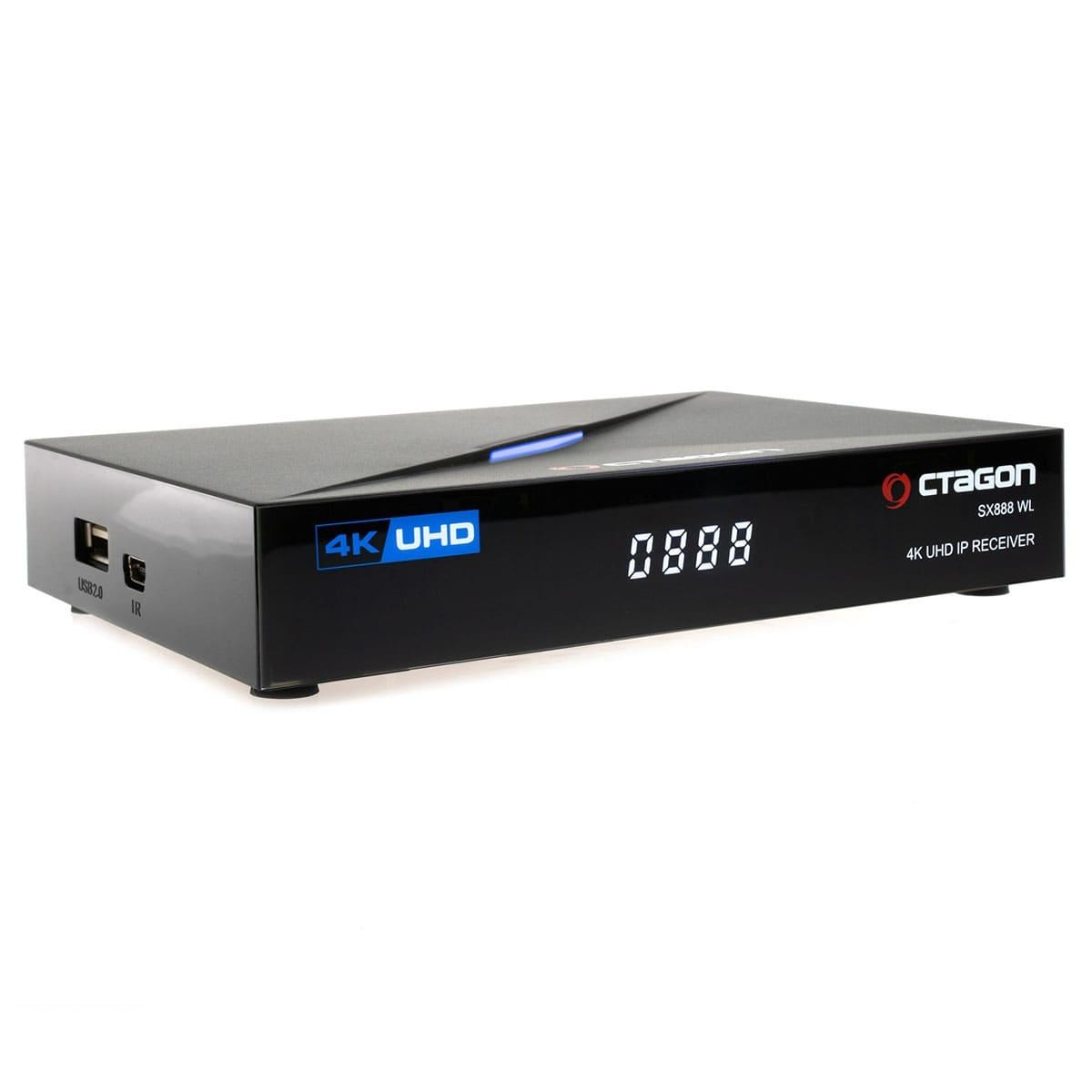 Schwarze TV-Box mit '4K UHD' und '0888' Anzeige, beschriftet 'Octagon'.
