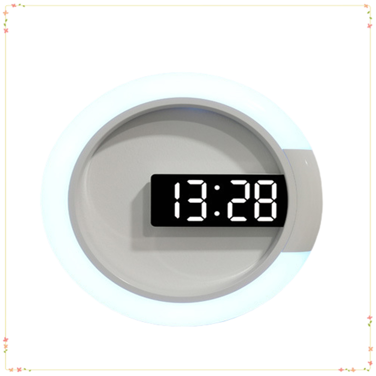 Kreisförmige Uhr mit der Anzeige '13:28' mit weißem Rand und dekorativem Rahmen.