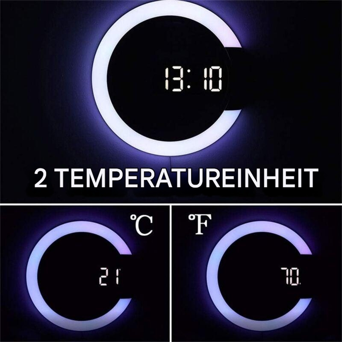Schwarz-weiße Uhr mit der Anzeige 13:10, mit Kreisen, die Celsius- und Fahrenheit-Temperaturen anzeigen.